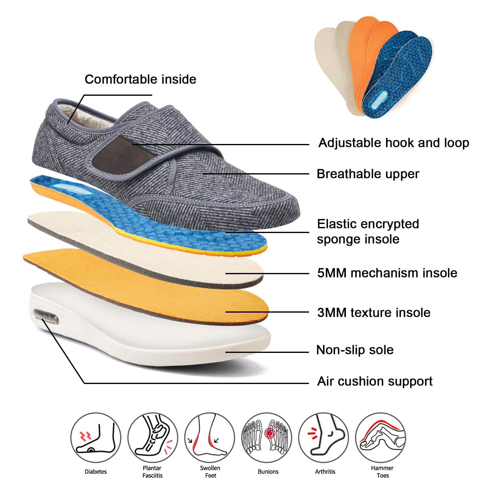 Scarpe Ortopediche Invernali con Memory Foam Calde E Morbide Extra Larghe Regolabili per Anziani Edema Piedi Gonfi Pollice Valgo Memory Foam (A9436)