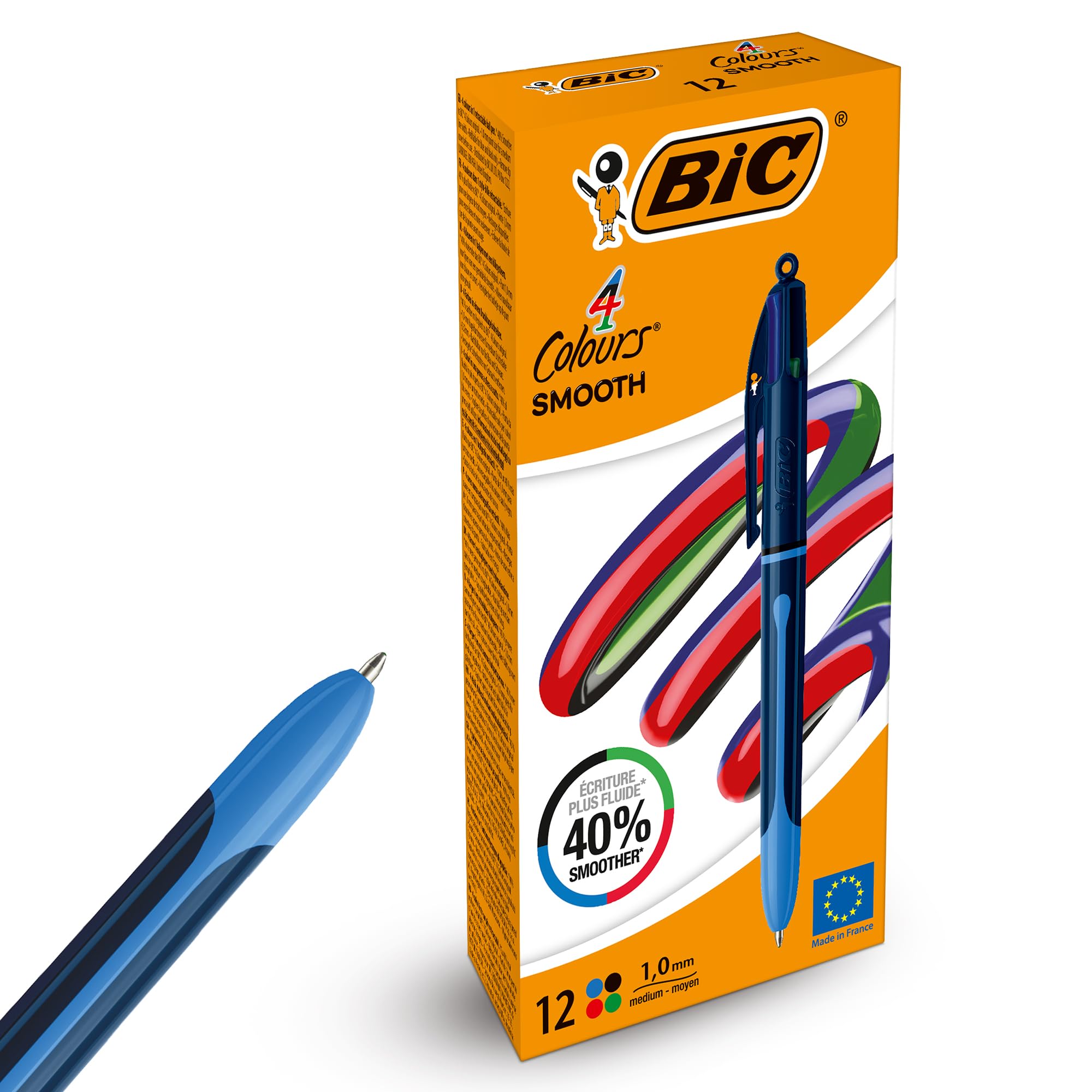 BIC 4-Colour Smooth Pens, Retractable Multi Colour Pen with Blue Black Red Green Inks, Refillable 1.0mm Ballpoint, Pocket Clip, for School, Office and Colour Coding 12 Pack
