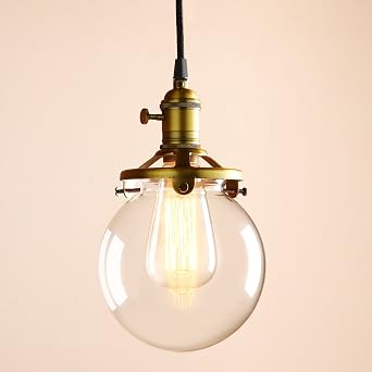 PERMO Vintage Industrial Pendant Light Fixture Mini 5.9" Round Clear Glass Globe Hand Blown Shade Antique