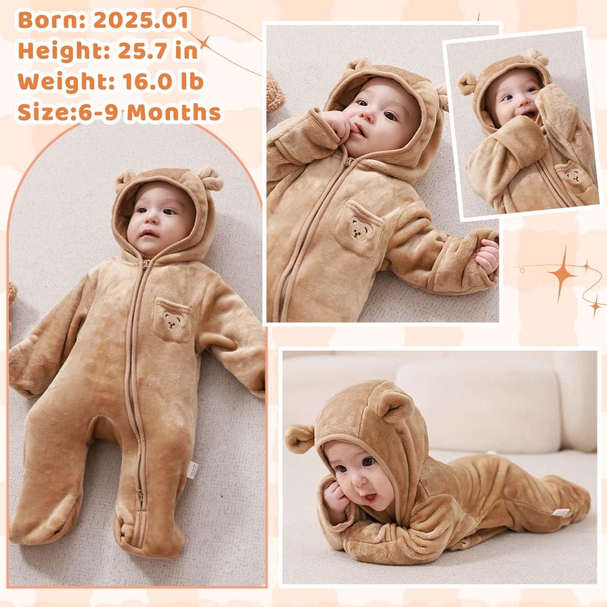 Fairy Baby Newborn Baby Bear Outfit With Fold-Over Mittens Footies Thin Fleece Romper Hooded Jumpsuit Winter Coat Girls Boys - Image 5