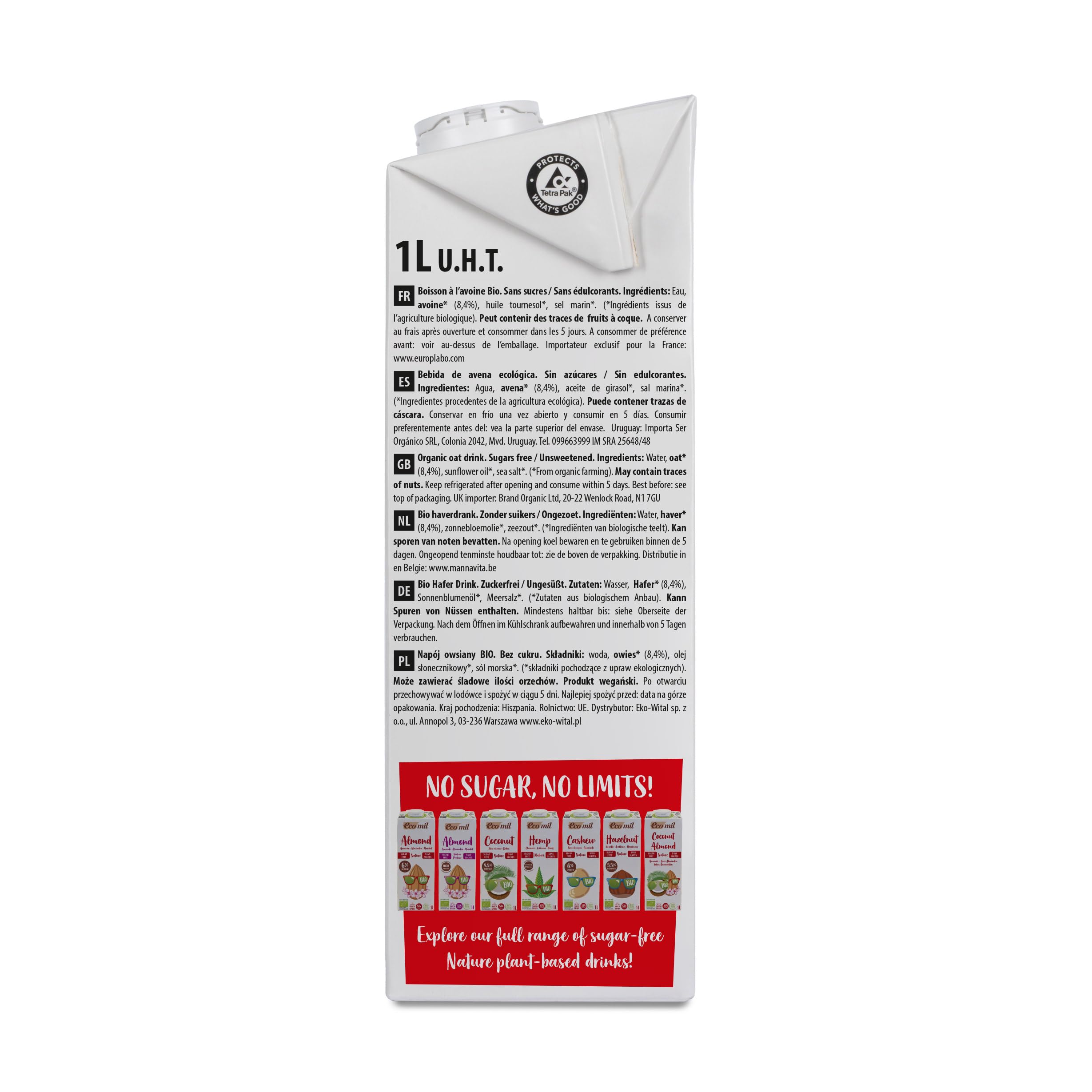 Ecomil - Bebida de Avena Bio 1 L, Sin Azúcares Añadidos ni Edulcorantes, 100% Vegetal, Sin Lactosa, Alternativa a la Leche de Vaca, Ideal para Café, Desayunos y Recetas Saludables