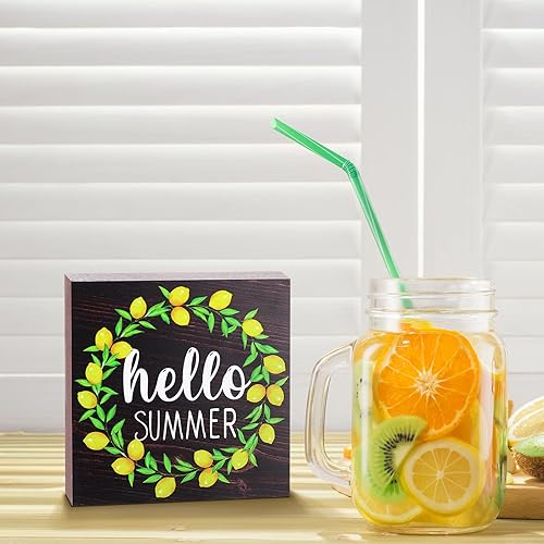 Miniatura 2 de Jetec Letrero de madera con texto en inglés Hello Summer con corona de limón, letrero de madera para el hogar, cocina, decoración rústica