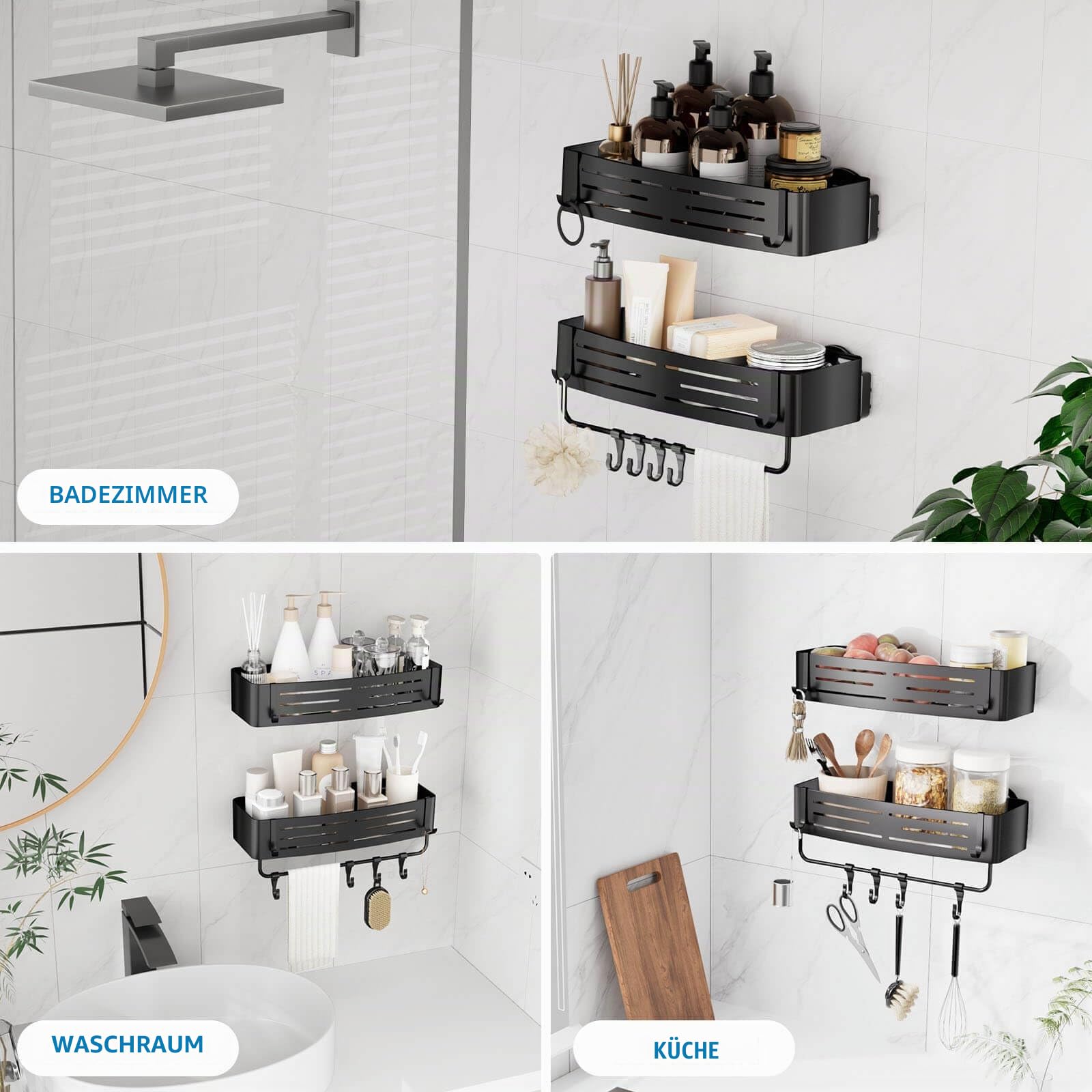 2 Stück Duschregal Ohne Bohren mit Saugnapf, Wasserdicht Badregal Abnehmbarer Bad-Organizer mit Handtuchhalter für Shampoo und Duschgel, Eck-Duschablage mit Haken, Mattschwarz