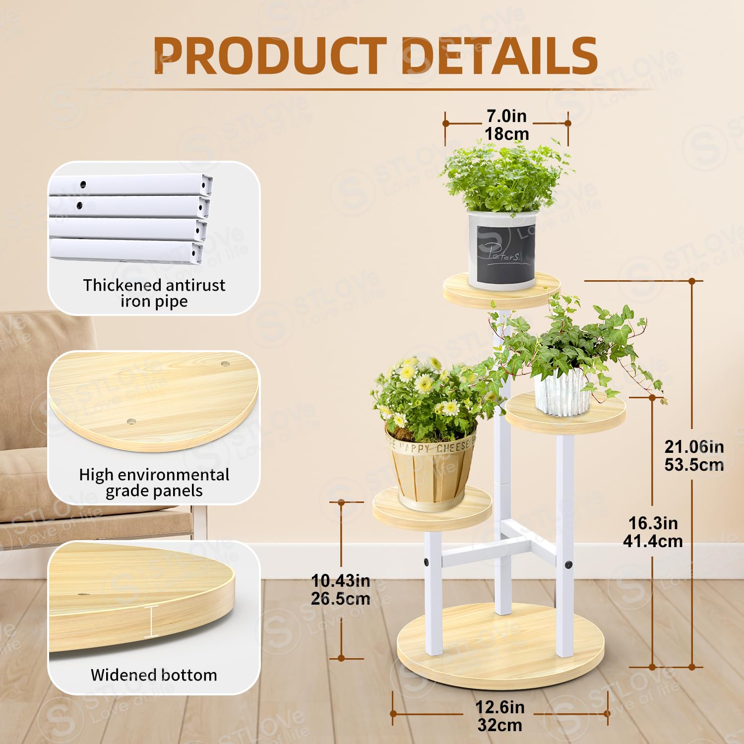 STLOVe® Porte Plante Interieur, Plusieurs Niveaux Plante D'étagère à Fleurs D'angle, Support De Plante En Métal Bois, 3 Niveaux Tabouret Plante, Exterieur Étagères Pour Jardin/Salon(Plante Non Inclus)