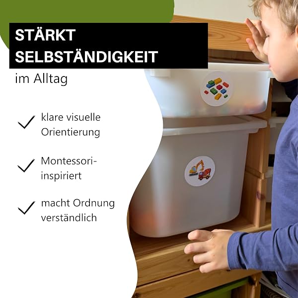 Ordnungssticker für Kinder, 52 Motive, Papier Aufkleber Kinderzimmer, Spielzeug, Kleidung, Etiketten Set für TROFAST und Holzladen, 6,5 cm Durchmesser, Ordnungssystem ab 3 Jahren - 4
