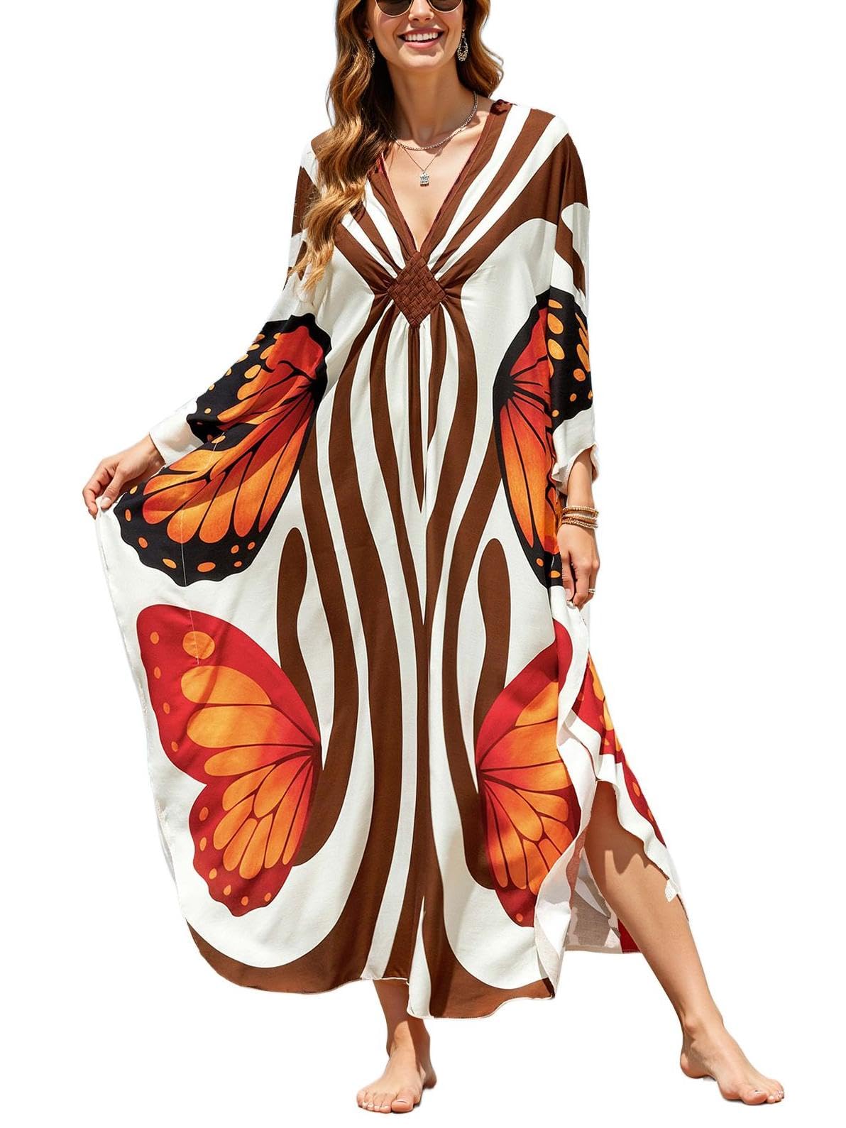 Kaftan Dresses for Women Embroidered Short Sleeve V-Neck Plus Size Caftan Bikini Swimsuit Cover-Up Long Beach Dress