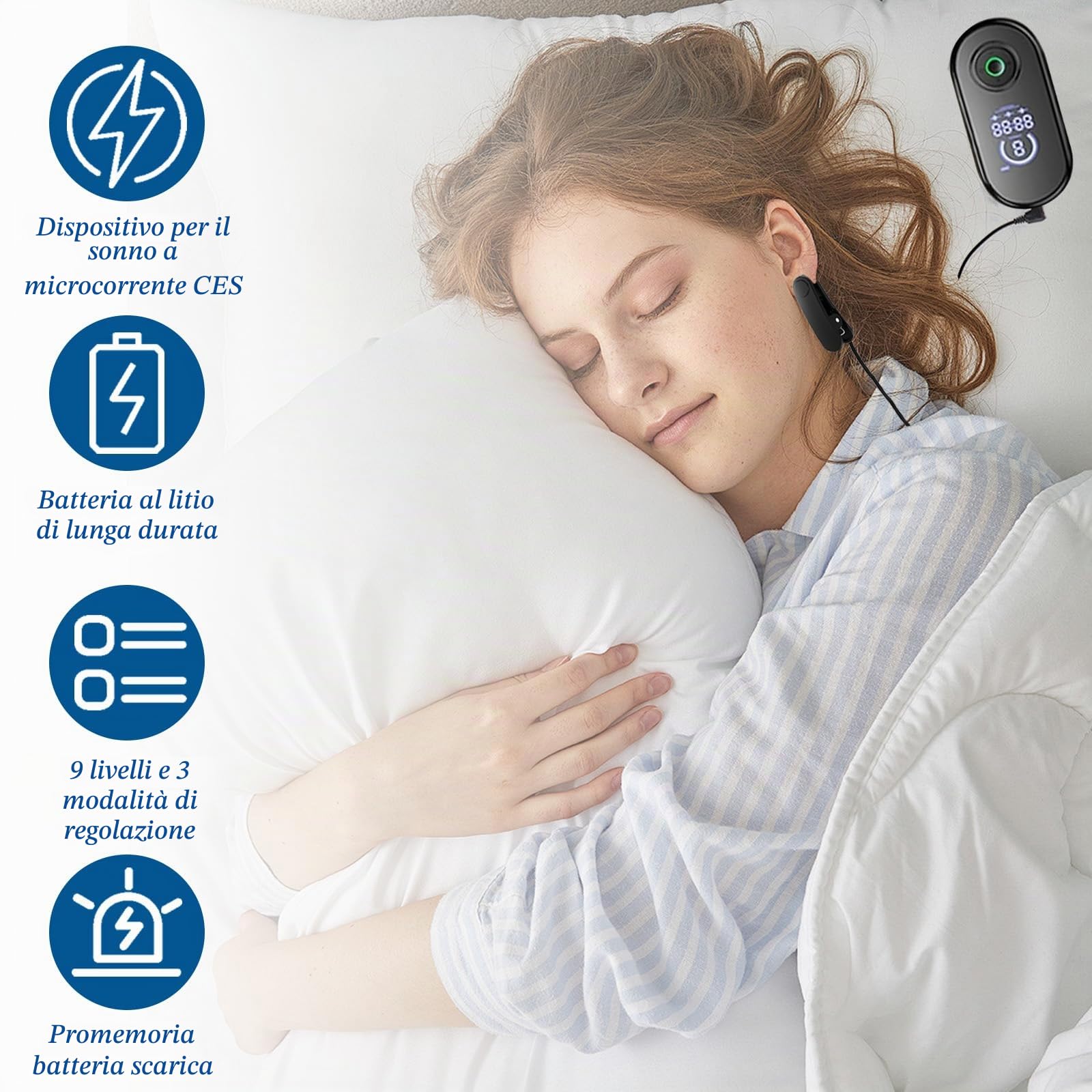 Dispositivo avanzato per il sonno, dispositivo di stimolazione del nervo vago, con clip per orecchie, sonno rapido e profondo, 3 modalità e 9 livelli di regolazione CES riduce l'ansia, allevia la