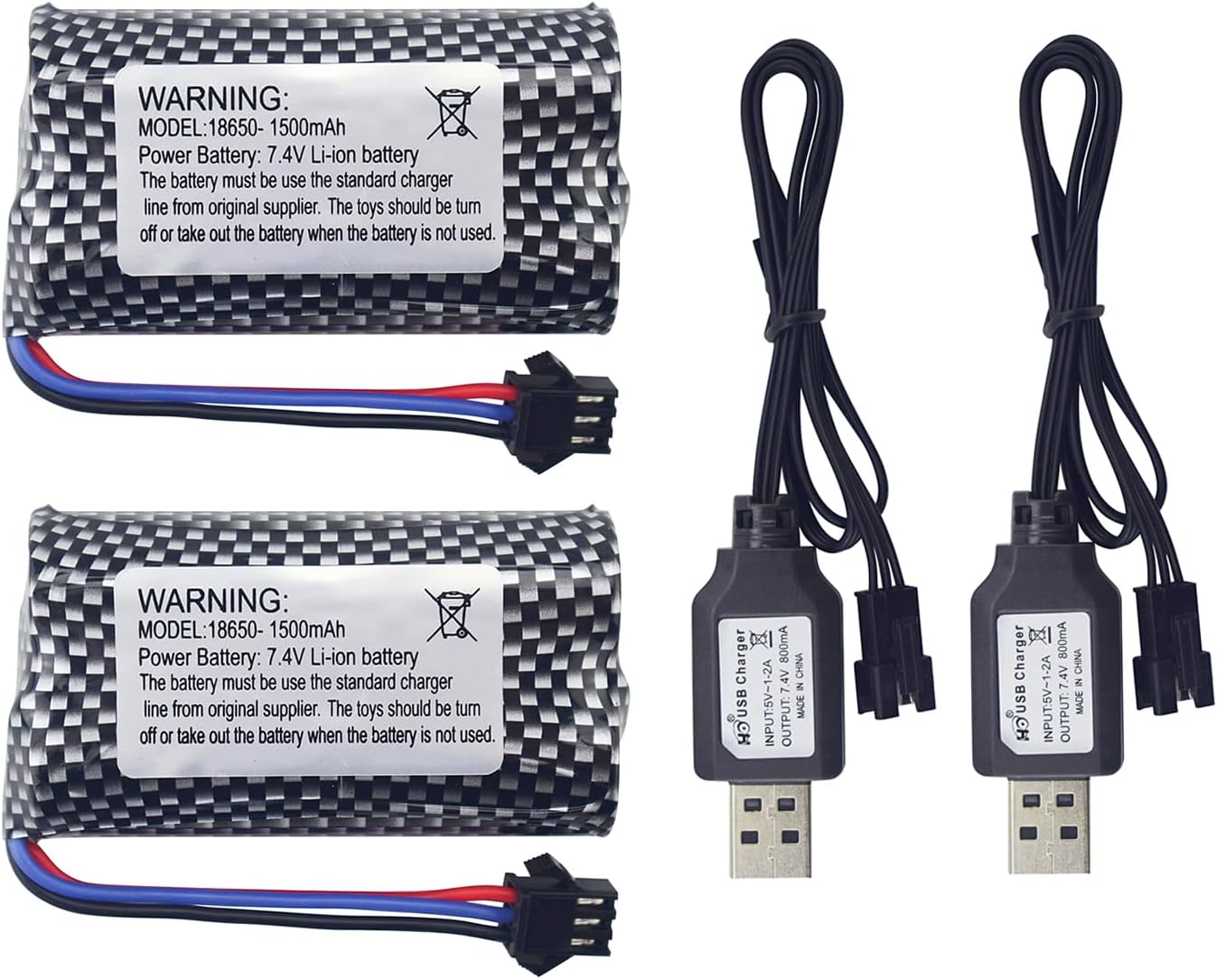 2PCS 7.4V 1500mAh SM-3P Plug Lithium Battery with USB Charging Cable for DE43 DE60 RC Racing RC Car Batteries 1575 Dump Truck Construction Vehicle Toy Car