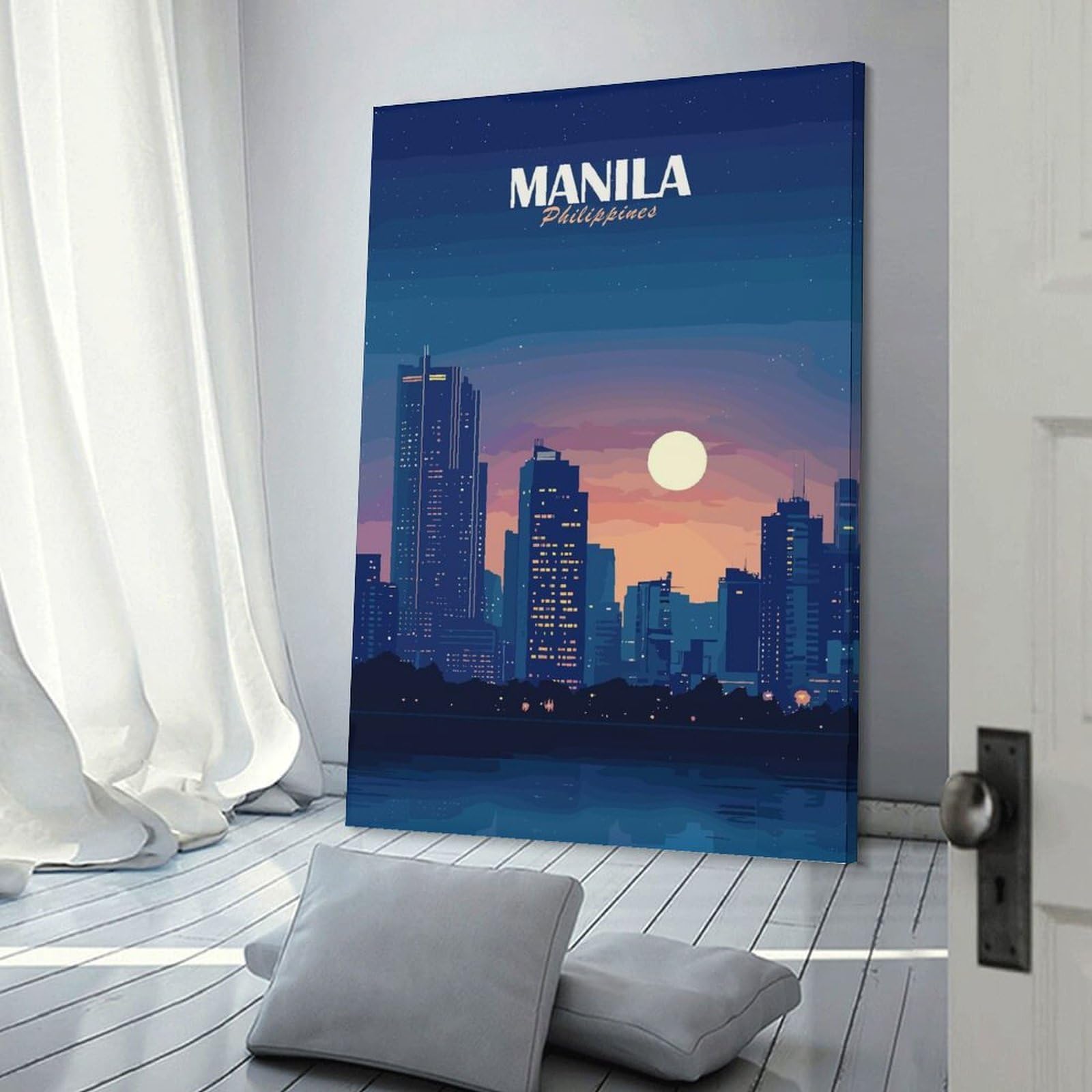 Junmoney Manila Philippines Cityscape at Night Canvas Wall Decor, 24x36inch(60x90cm), for Gallery Wall Decor And Room Displays, Wall Decor Suited to Curated Displays