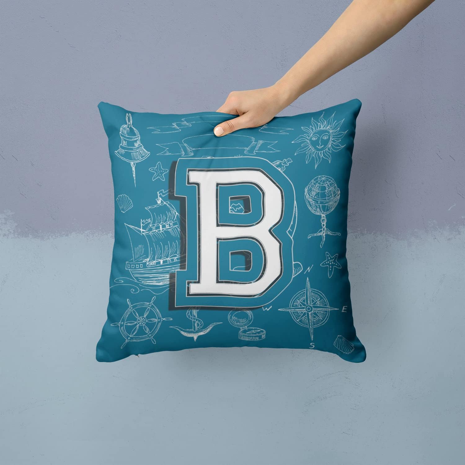 Caroline's Treasures CJ2014-BPW1414 Letter B Sea Doodles Initial Alphabet Fabric Decorative Pillow 100% Machine Washable Pillow, Indoor or Outdoor Decorative Throw Pillow for Couch, Bed or Patio