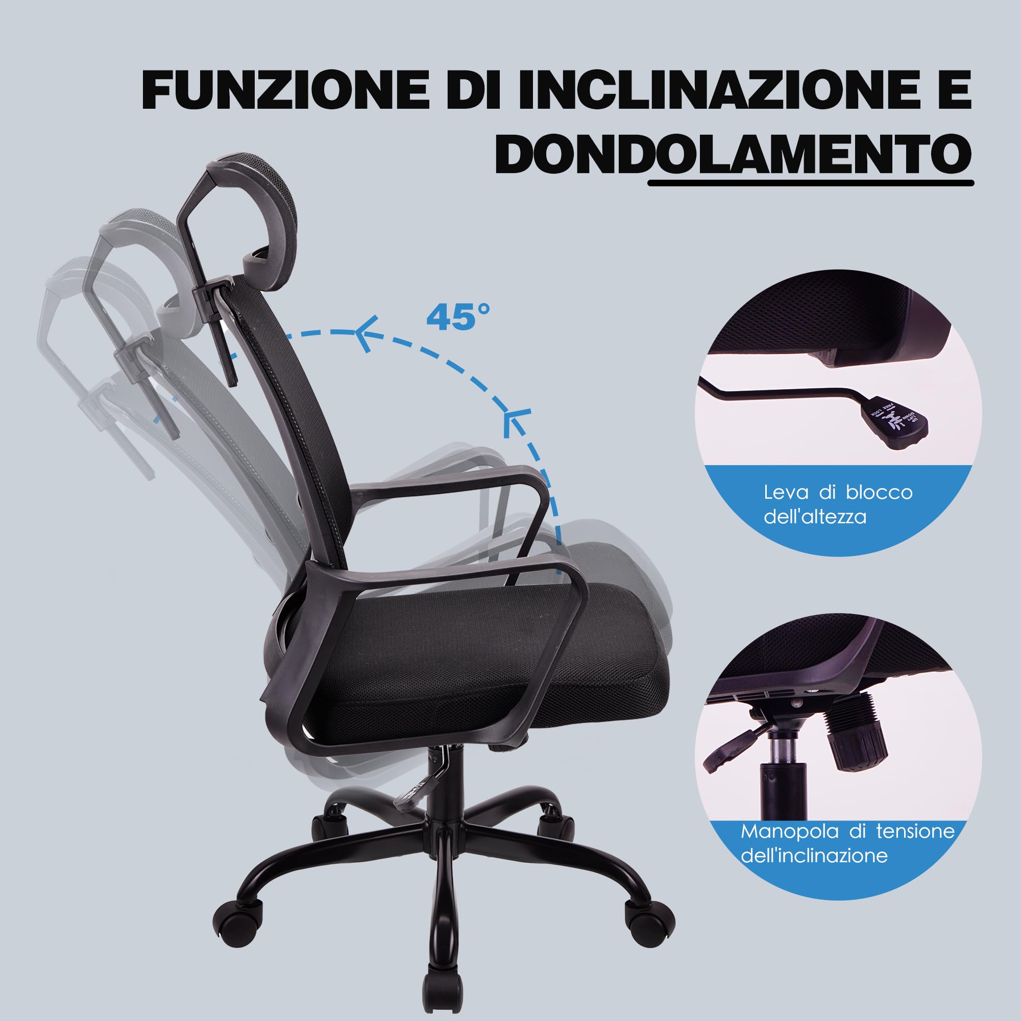 T-THREE.Sedia da ufficio ergonomica, sedia girevole con supporto lombare regolabile, braccioli, regolazione dell'altezza e funzione rocker per lo schienale (nero