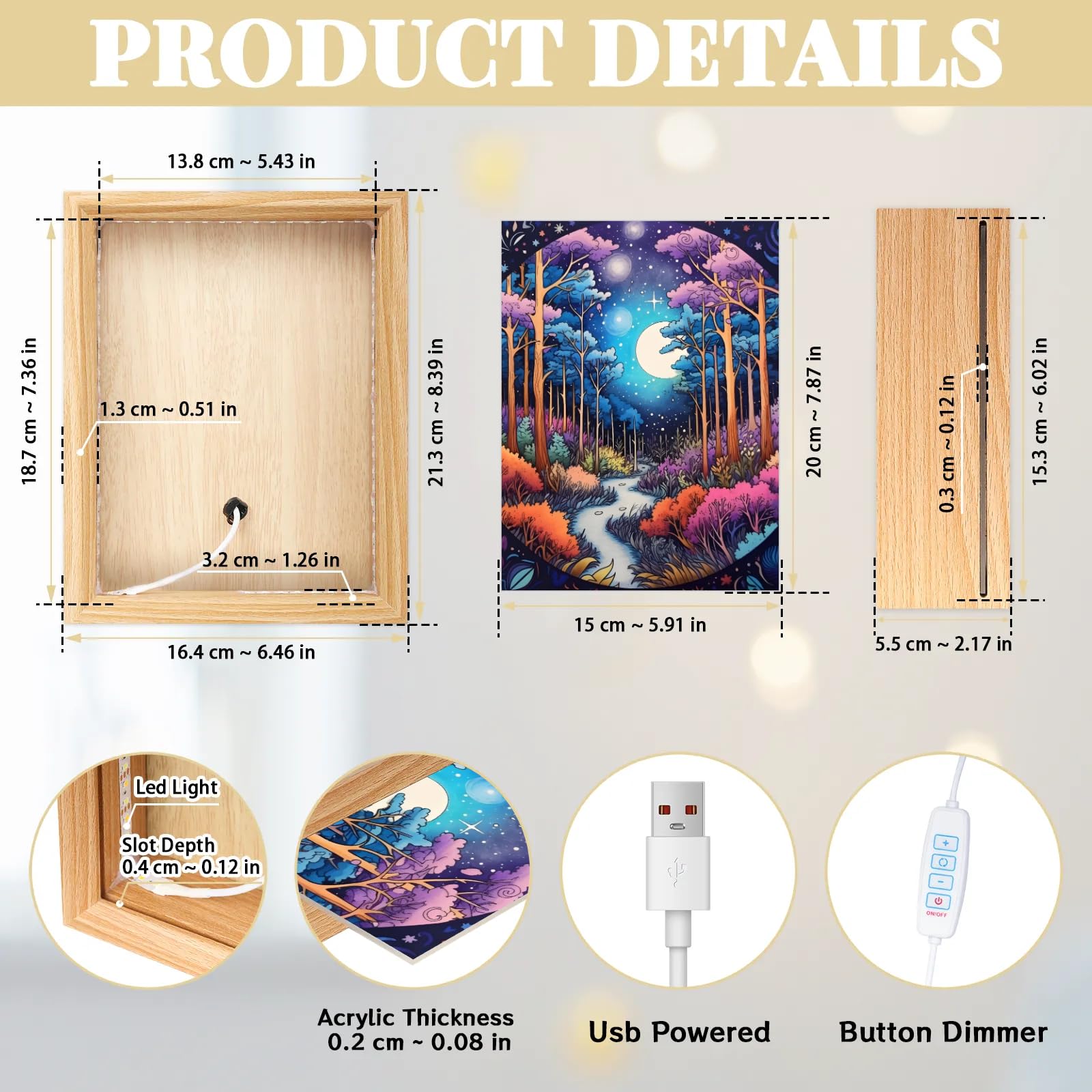 Light Up Painting, Abstract Forest Wall Art Picture Light Glitter Forest Light Up Desktop Art Decor, 10 Brightness, USB Powered, 3 Lighting Modes, Anxiety Relief Gift for Bedroom Home - Without Frame