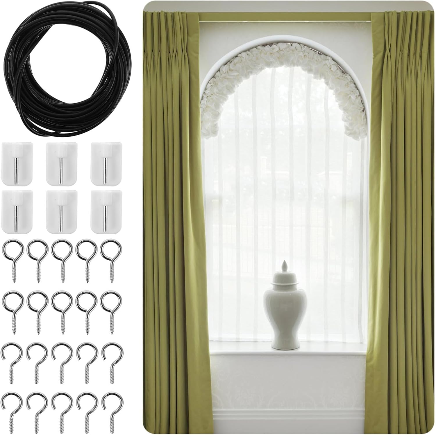 Ipetboom Curtain Wire Rod Kit with Black Spring Wire, 10m Curtain Cord, 10 Screw Eyes, 10 Question Mark Hooks, 6 Hanging Hooks for Window Treatment Hardware