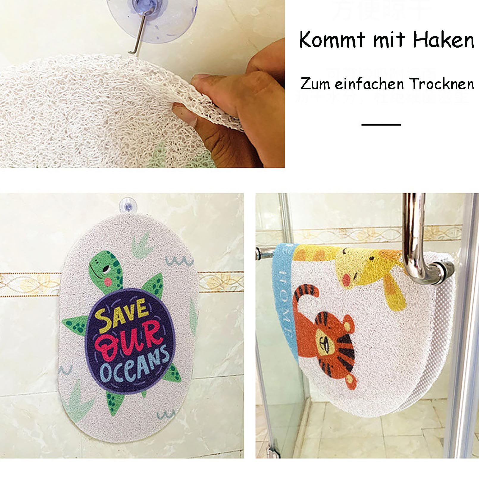 Tappetino da doccia antiscivolo, 40 x 60 cm, morbido e confortevole, tappetino da bagno antiscivolo elegante e lucido in PVC con ganci, alta permeabilità all'acqua