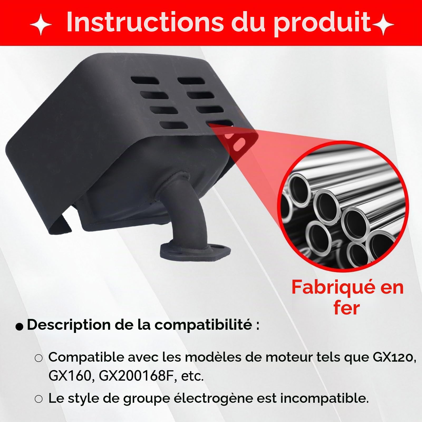 Agatige GX160 Kit de Silencieux Échappement, Le Noir Ensemble d'accessoires de Silencieux en métal pour Groupe électrogène de Pompe à Eau de générateur de Moteur à Essence avec rondelle