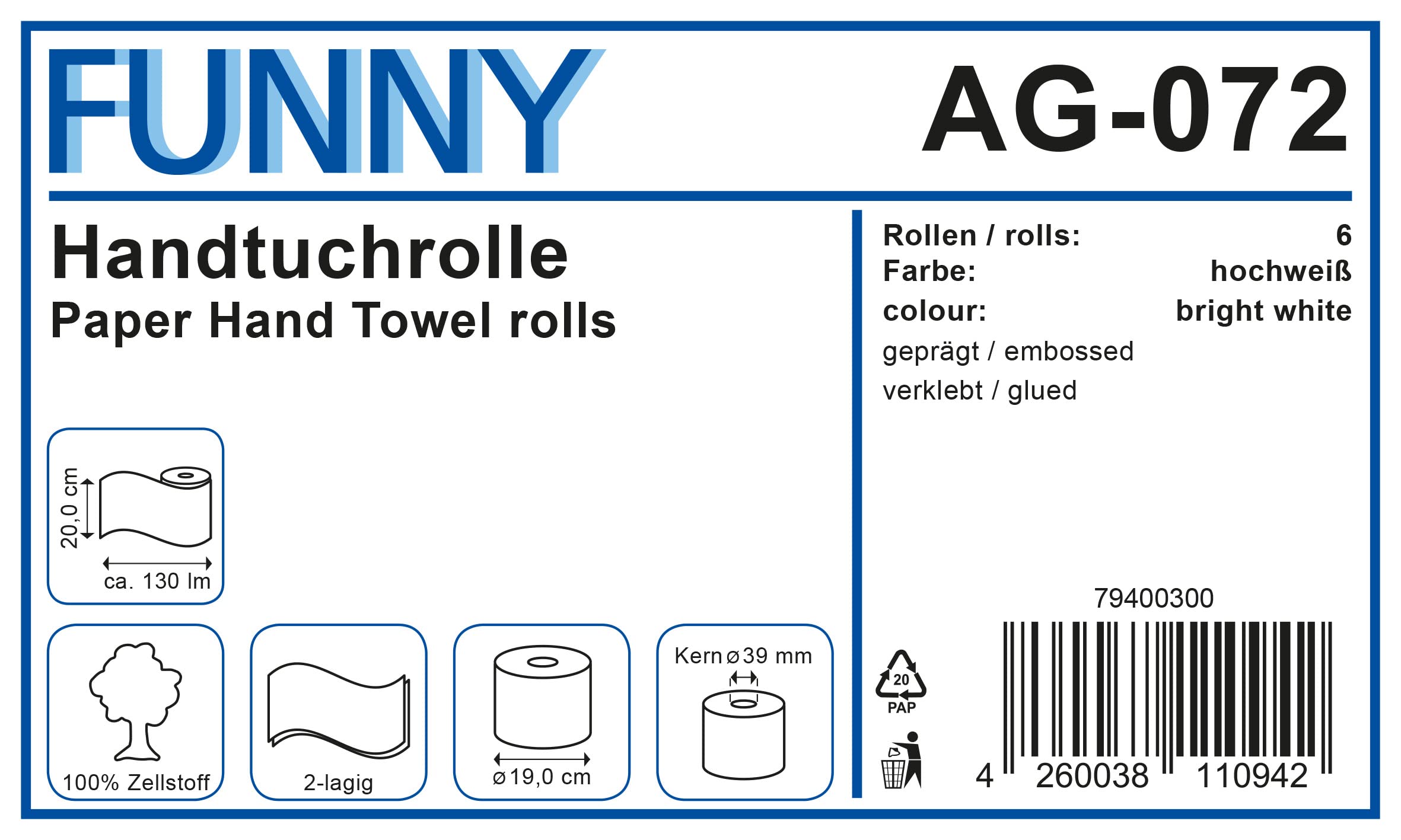 Divertido rollo de toalla de mano de 2 capas con núcleo especial de 4 cm, para dispensadores genéricos, color blanco brillante, 20 cm, aprox. 140 m (Pack de 6)