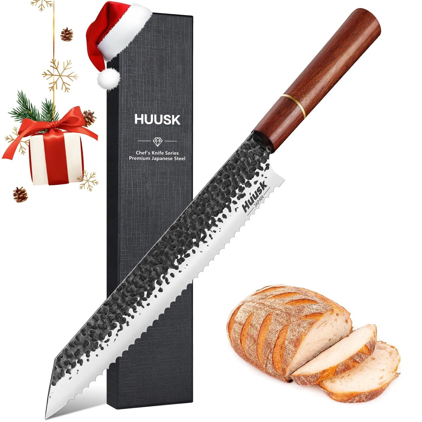 Huusk Japanese Bread Knife, 9.7 Inch Long Serrated Bread Knife, Lightweight Slicing Breads Knives for Cutting Homemade Sourdough Breads, Serrated Knives, Christmas Gifts for Men and Women