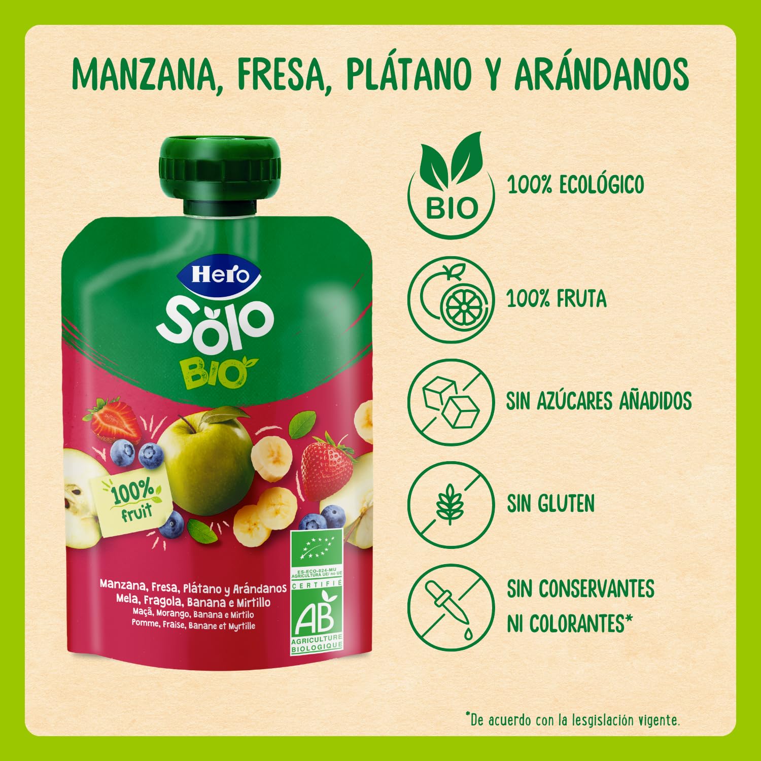 Hero Solo Bolsitas ecológicas de Manzana, Fresa, Plátano y Arándanos BIO para Bebés 100 g
