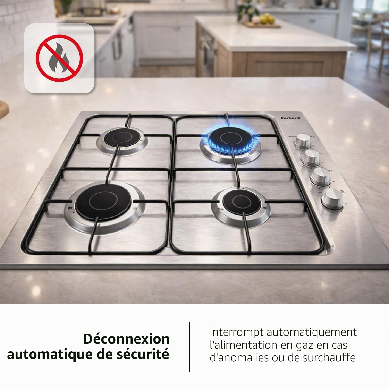 Corberó - Plaque de gaz 7,5 KwCPGS423X | 4 feux | gaz butane | Couleur inoxydable | Grille émaillée noire | Valve de sécurité coupure de gaz | Arrêt automatique de sécurité, inox, acier inoxydable