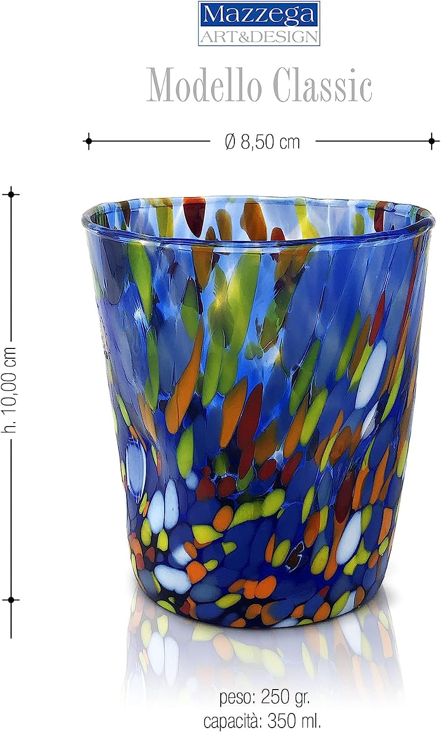 MAZZEGA ART & DESIGN - 6 Bicchieri Tumbler Classic in Vetro Soffiati e Lavorati a Mano con Murrine di Murano, linea “I Colori di Murano” 350 ml. Made in Italy (MIX, 6)
