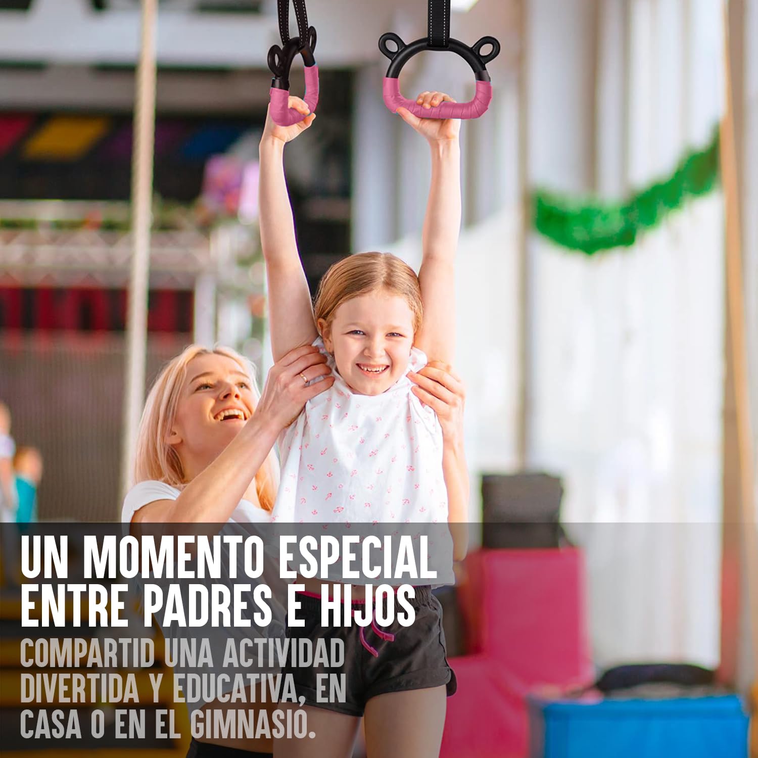 Gym Bar Barra Gimnasia Infantil Violeta Anillas Rosas 13 Niveles Ajustables 90-150 cm Acero Madera Haya Correas Antideslizantes Fitness