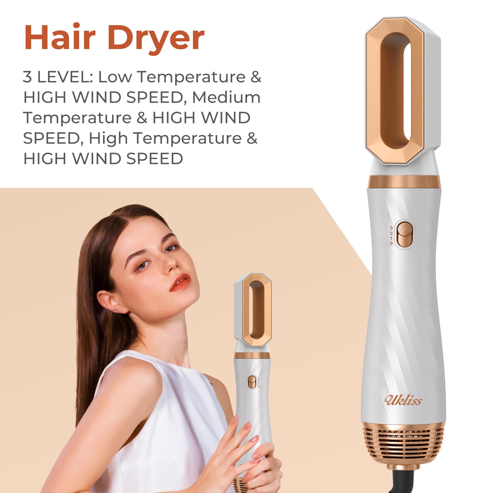 UKLISS Airstyler 6 w 1, profesjonalna suszarka do włosów zestaw z automatyczną lokówką, szczotka wygładzająca do włosów, szczotka termiczna, zestaw prezentów dla kobiet stylizacja - biały