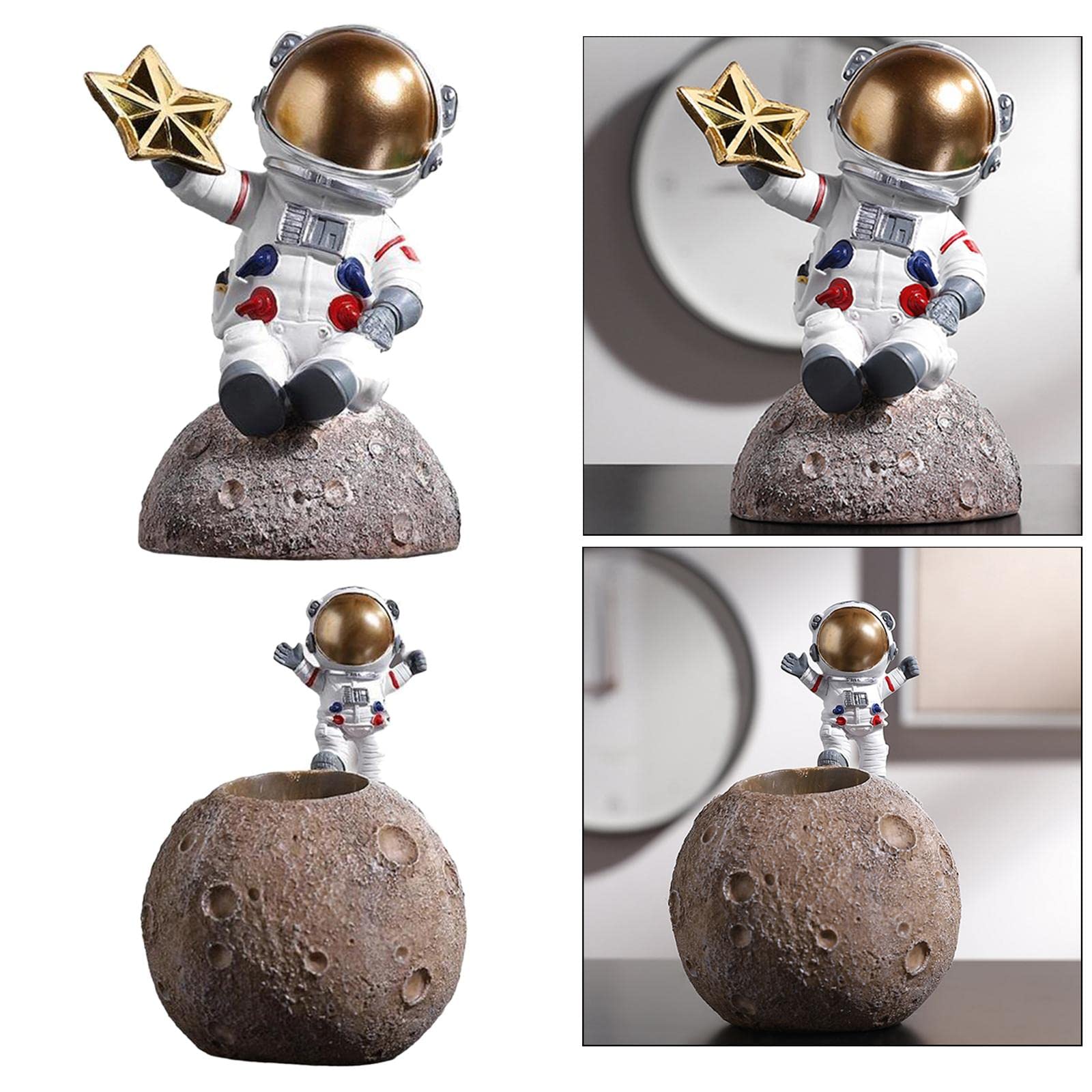 2 figuras de astronauta de resina con escultura de luna, decoración de oficina y hogar