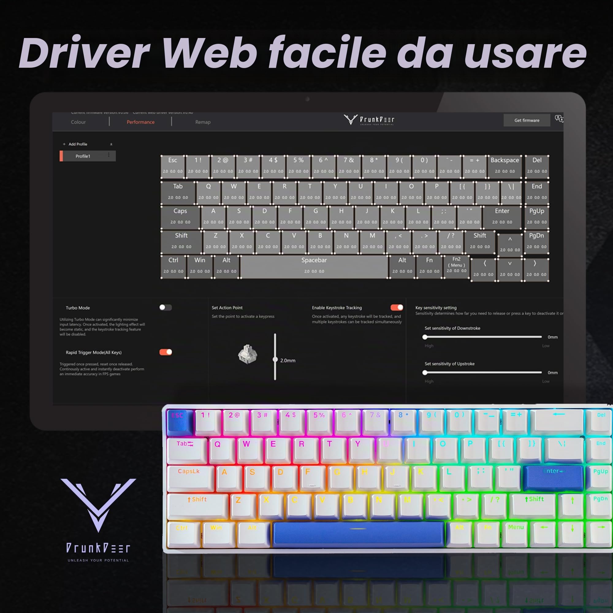 DrunkDeer G65 Rapid Trigger Tastiera meccanica Interruttori magnetici Gaming PBT Keycap Wired 65% Dimensione RGB Compact Anti-ghosting Bianco