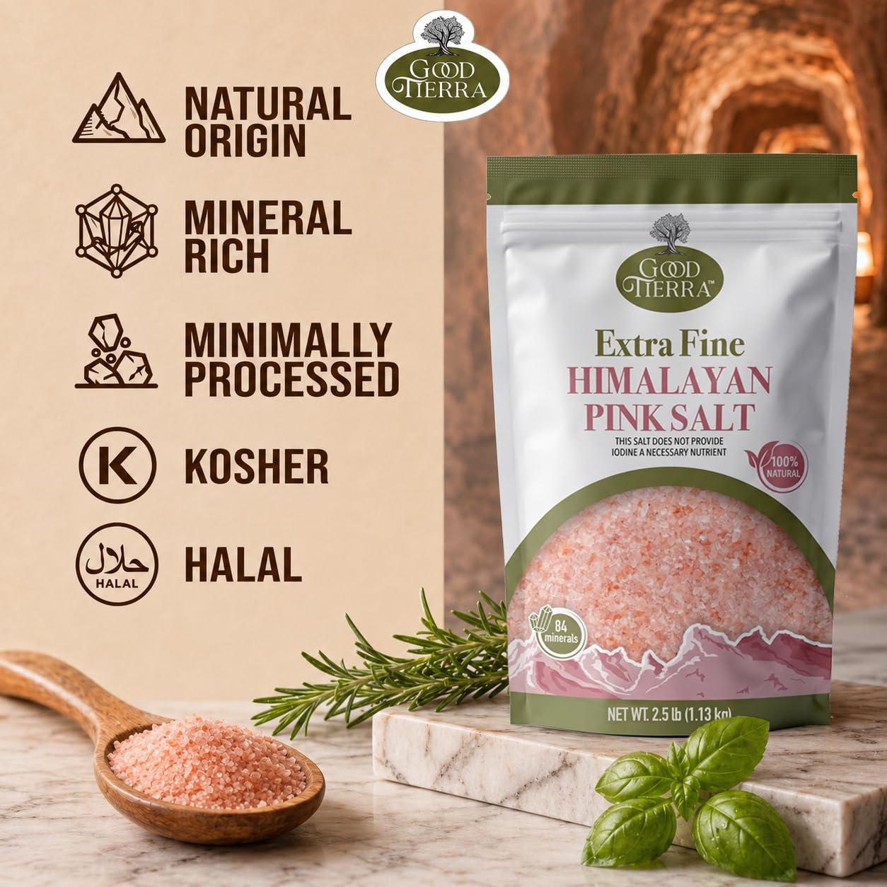 Good Tierra Sel rose de l'Himalaya dans un sac PET - Grain extra fin - 2,5 lb.