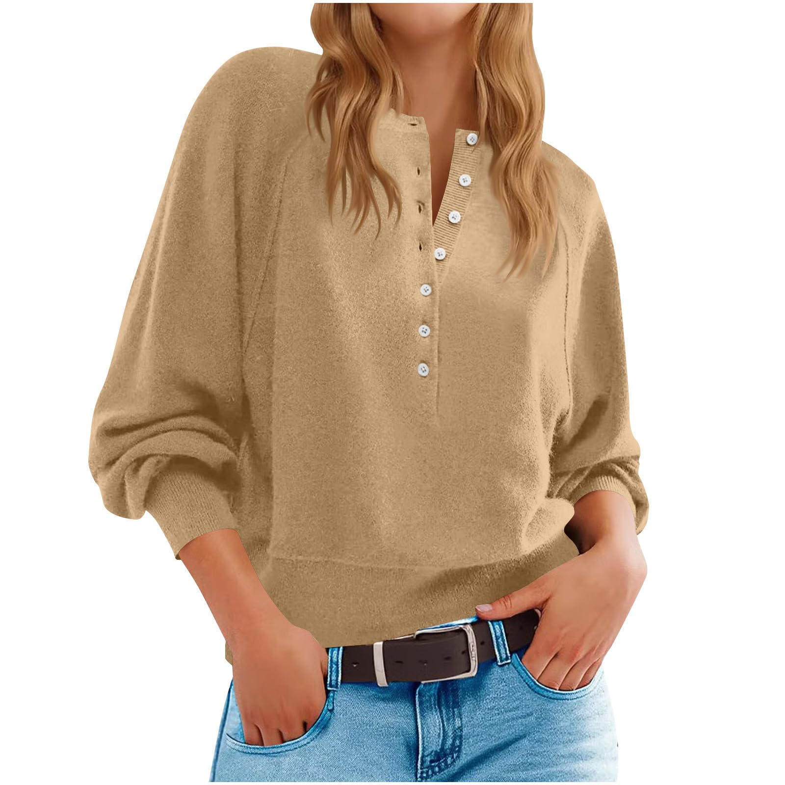 Womens Button Crew Neck Sweater Fall Long Sleeve Henley Shirts Fashion Loose Knit Pullover Tops Casual Loose Fit