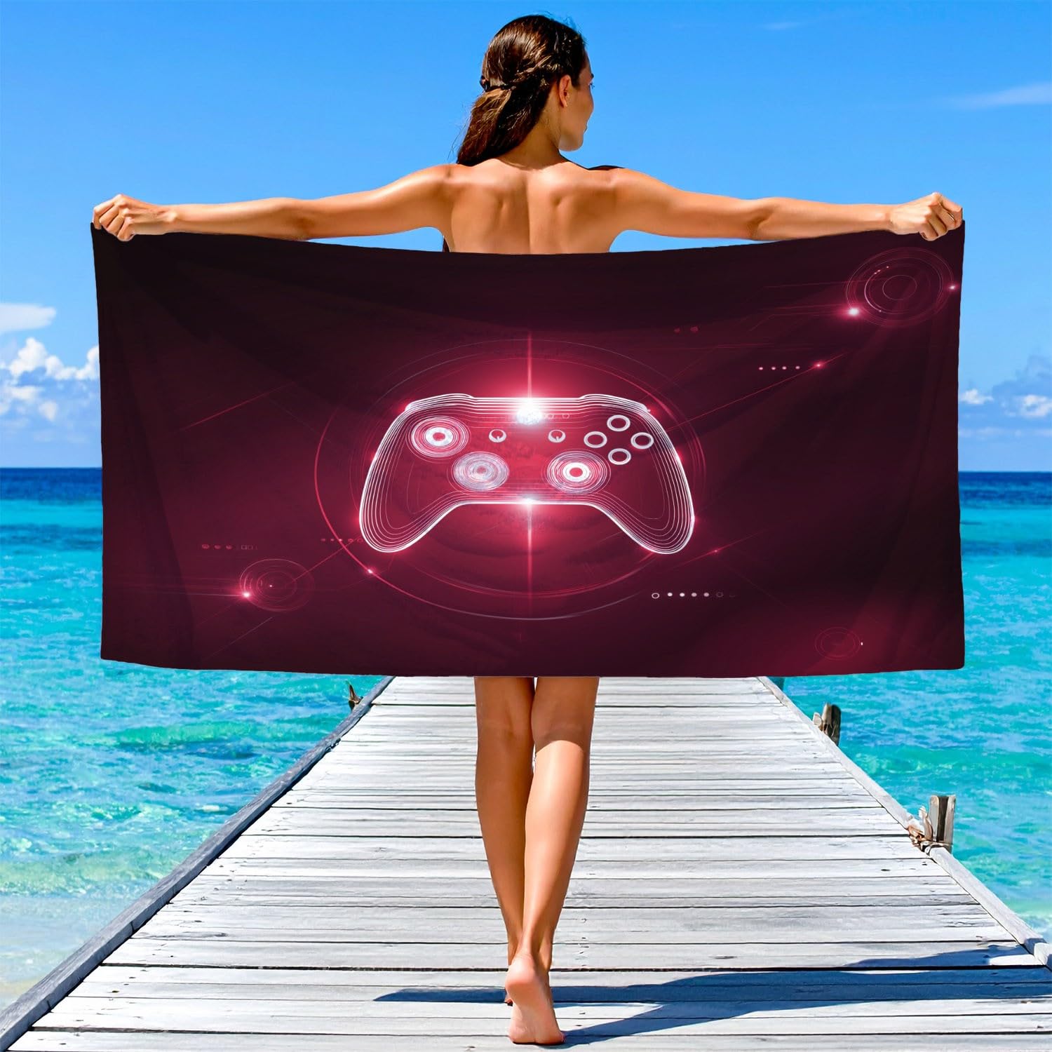 Générique Drap de Plage Anti Sable Sechage Rapide 180 cm x 160 cm Tech Futuriste Serviette de Plage Microfibre Cool Cyber Jeux Gaming Manette Punk Absorbante Super Couverture de Plage