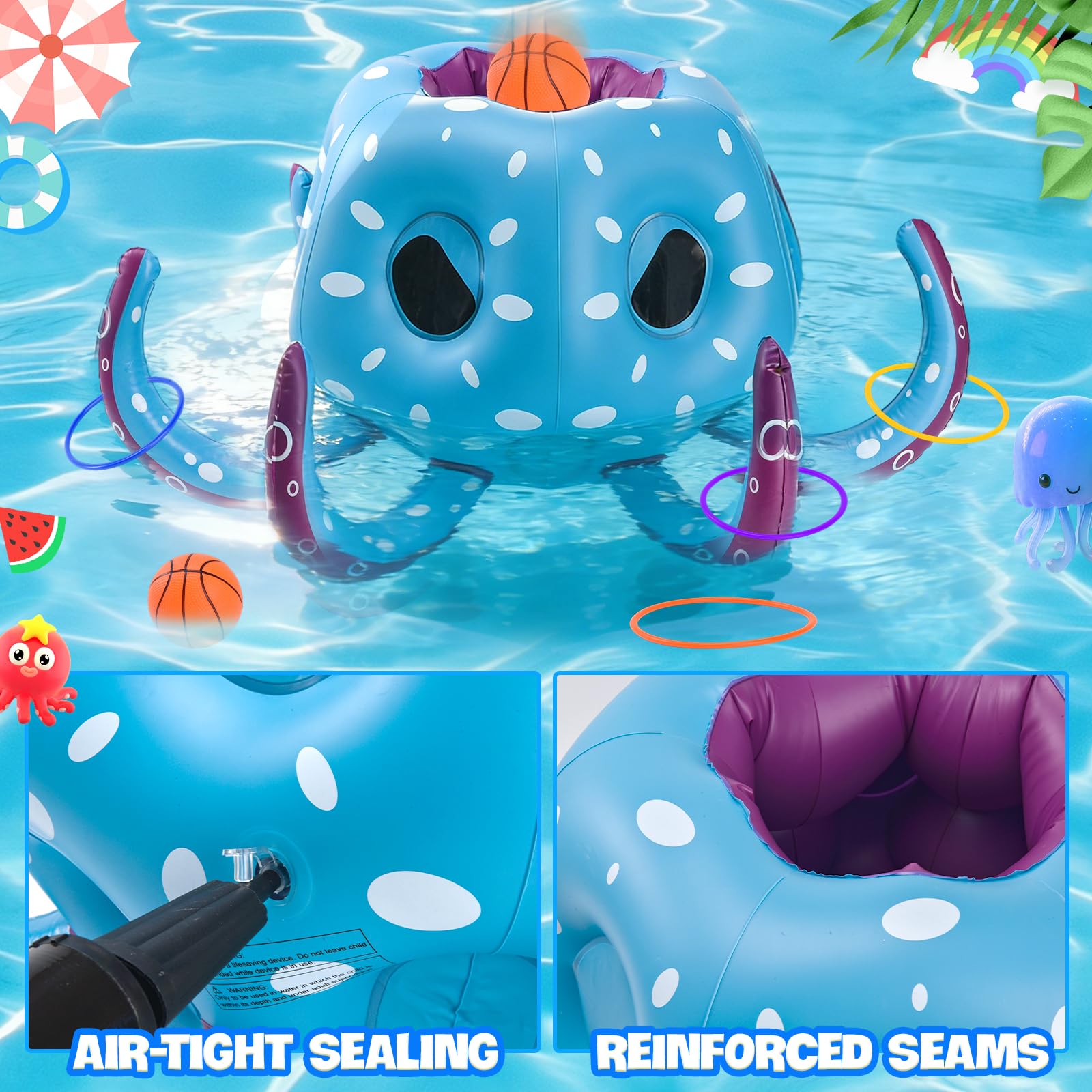 Pieuvre Gonflable pour Piscine 80cm, 2 en 1 Jeu d'eau Flottant Gonflable, Panier de BasketGonflable & Jeu de Lancer d'Anneaux, Jouet de Piscine Flottant pour Enfants et Adultes