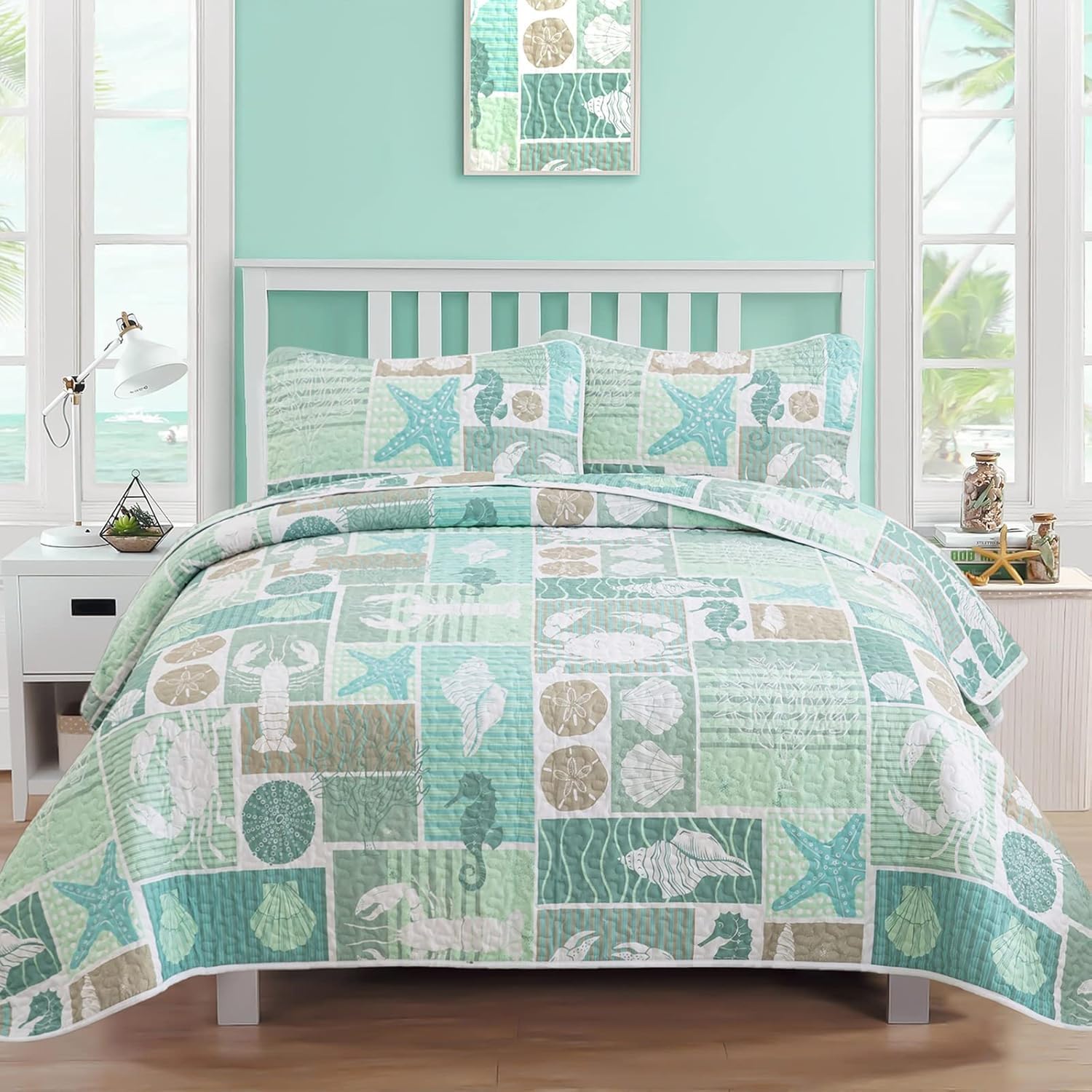 DJY 3 Pieces Quilt Set Full Coastal Green Theme Quilt Coverlet Set Beach Reversible Bedspread with 2 Pillow Shams Soft Microfiber Coastal Bedding