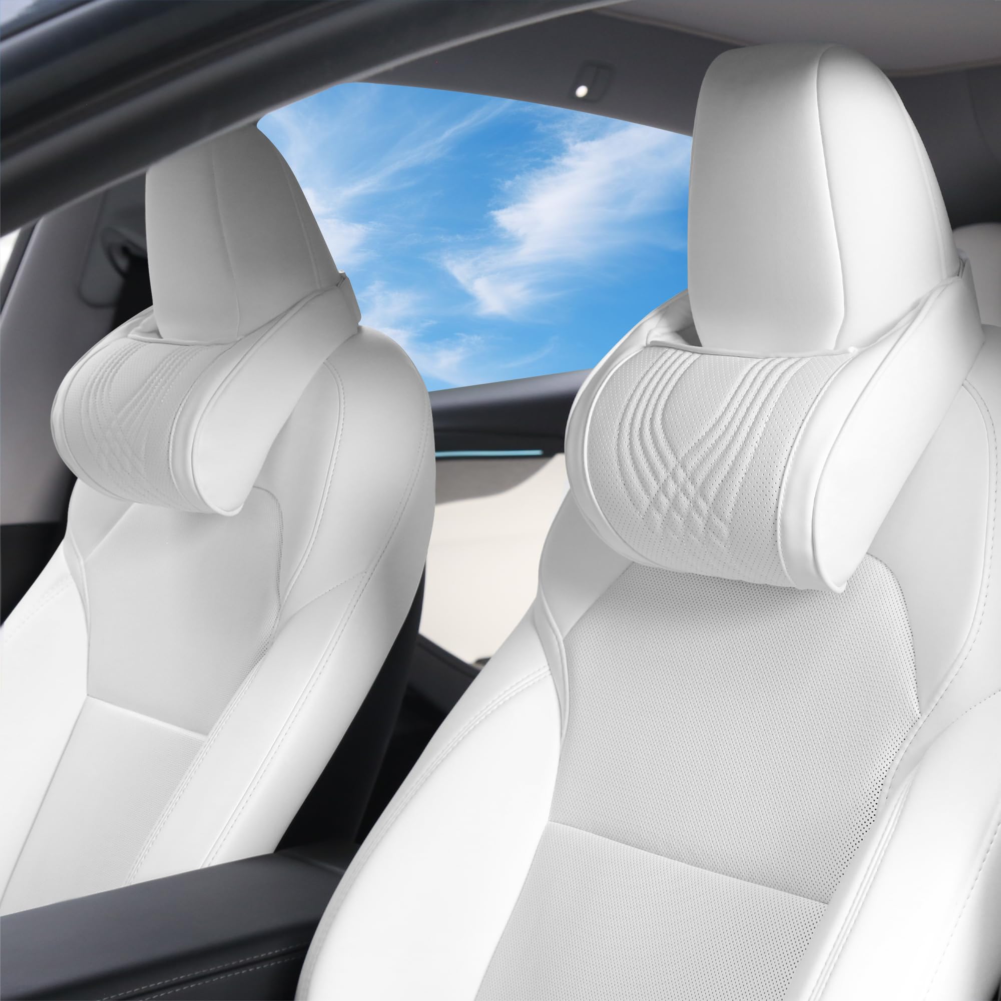 Cuscino Poggiatesta Auto in Memory Foam Pelle Nappa Cuscino per Testa del Sedile Morbido e Confortevole per Auto SUV Berlina Ufficio a Casa, Bianco, 2 Pezzi