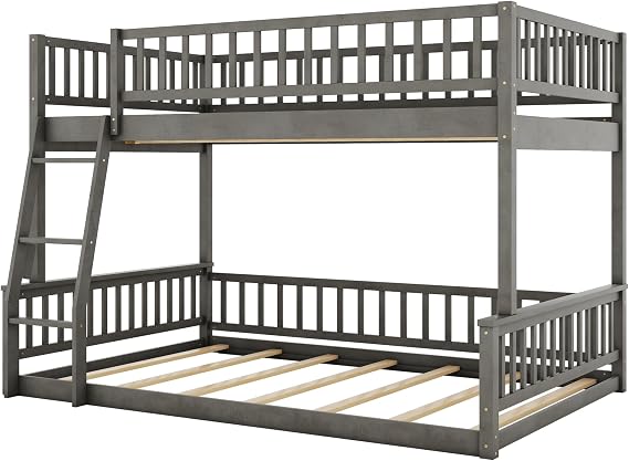 Full XL Over Queen Size Bunk Bed with Ladder and Guardrails, Detachable Wood Bunk Bed Frame with Headboard, Space Saving, Kids Boys Girls Adults, Gray