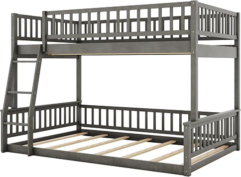 Full XL Over Queen Size Bunk Bed with Ladder and Guardrails, Detachable Wood Bunk Bed Frame with Headboard, Space Saving, Kids Boys Girls Adults, Gray