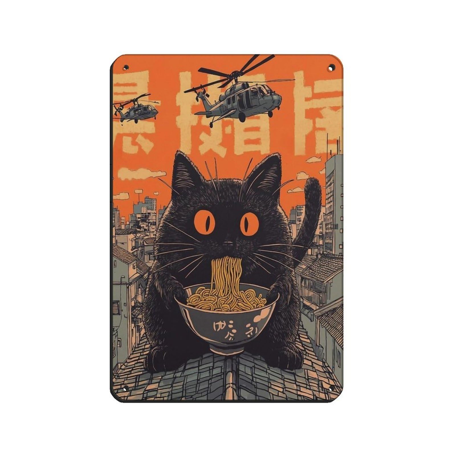 Lxwnze 20L X 30W Cm Quirky Black Cat Eating Noodles Art Poster Tin Sign Vintage Metal Pub Club Cafe Bar Home Wall Art Decoration Poster Retro 8X12inch(20X30cm)