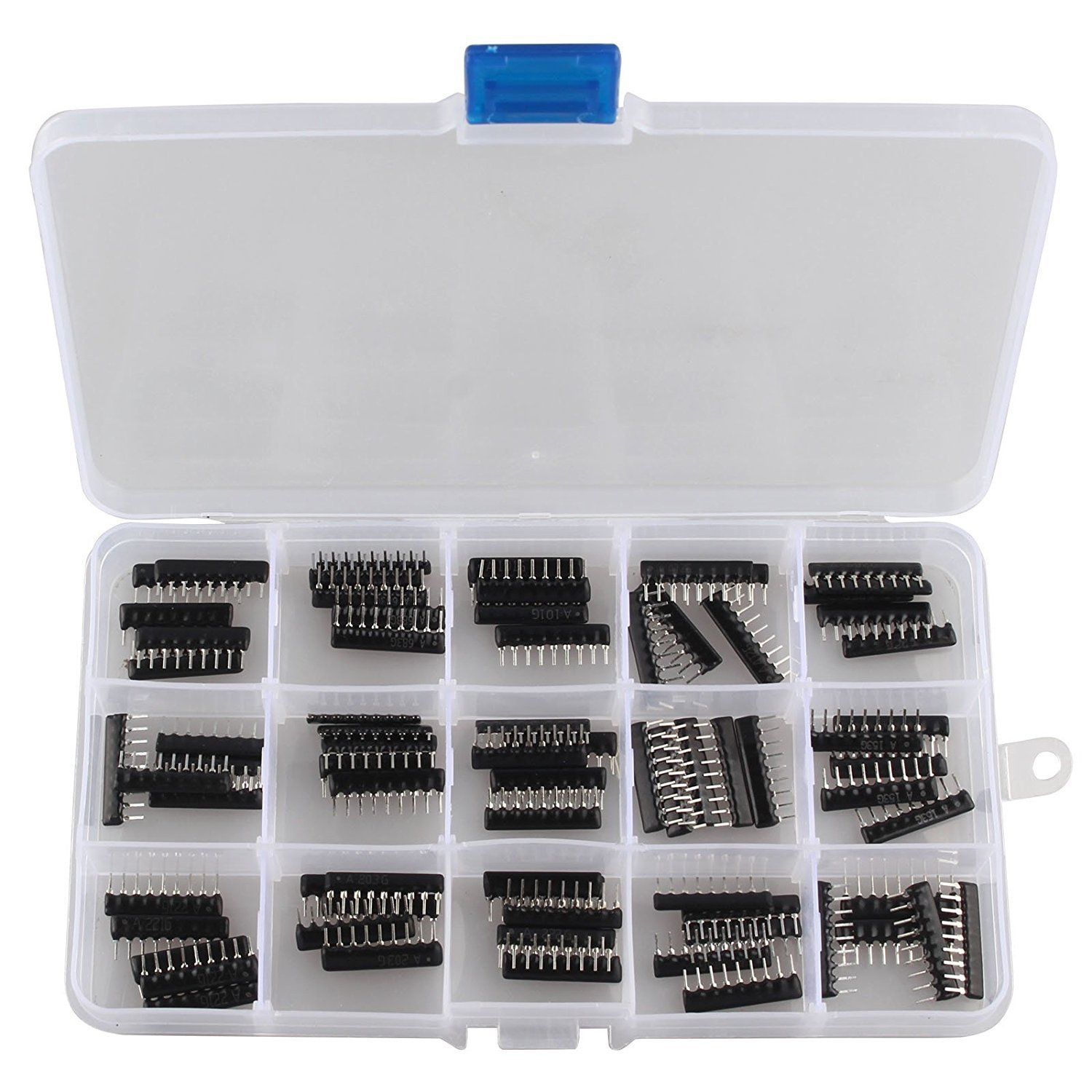 Produktbild von DollaTek 75-teiliges Widerstands-Netzwerk-Set – 15 Werte Von 100 Ohm Bis 100k Ohm, 2,54 Mm Raster, 9-Pin Bussed