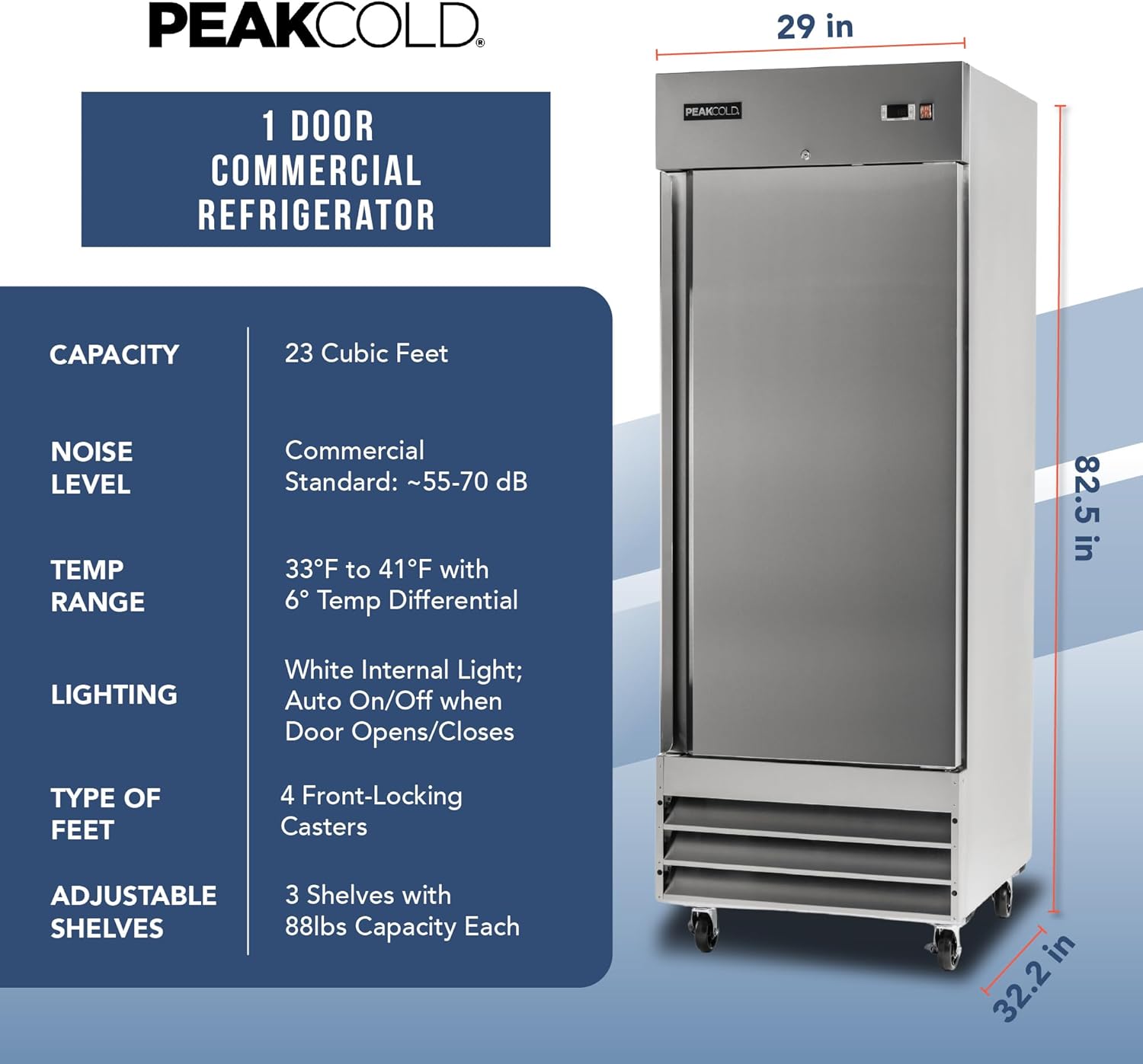 PEAKCOLD Single Door Commercial Refrigerator, 23 Cu. Ft., 29" W Stainless Steel Reach-In Upright Refrigerator, Adjustable Shelves, Auto Defrost, Digital Thermostat, Freestanding Industrial Fridge
