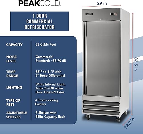 Vista 6 de Refrigerador de una sola puerta Peak Cold con alcance comercial en acero inoxidable, interior blanco; 23 pies cúbicos, 29 pulgadas de ancho