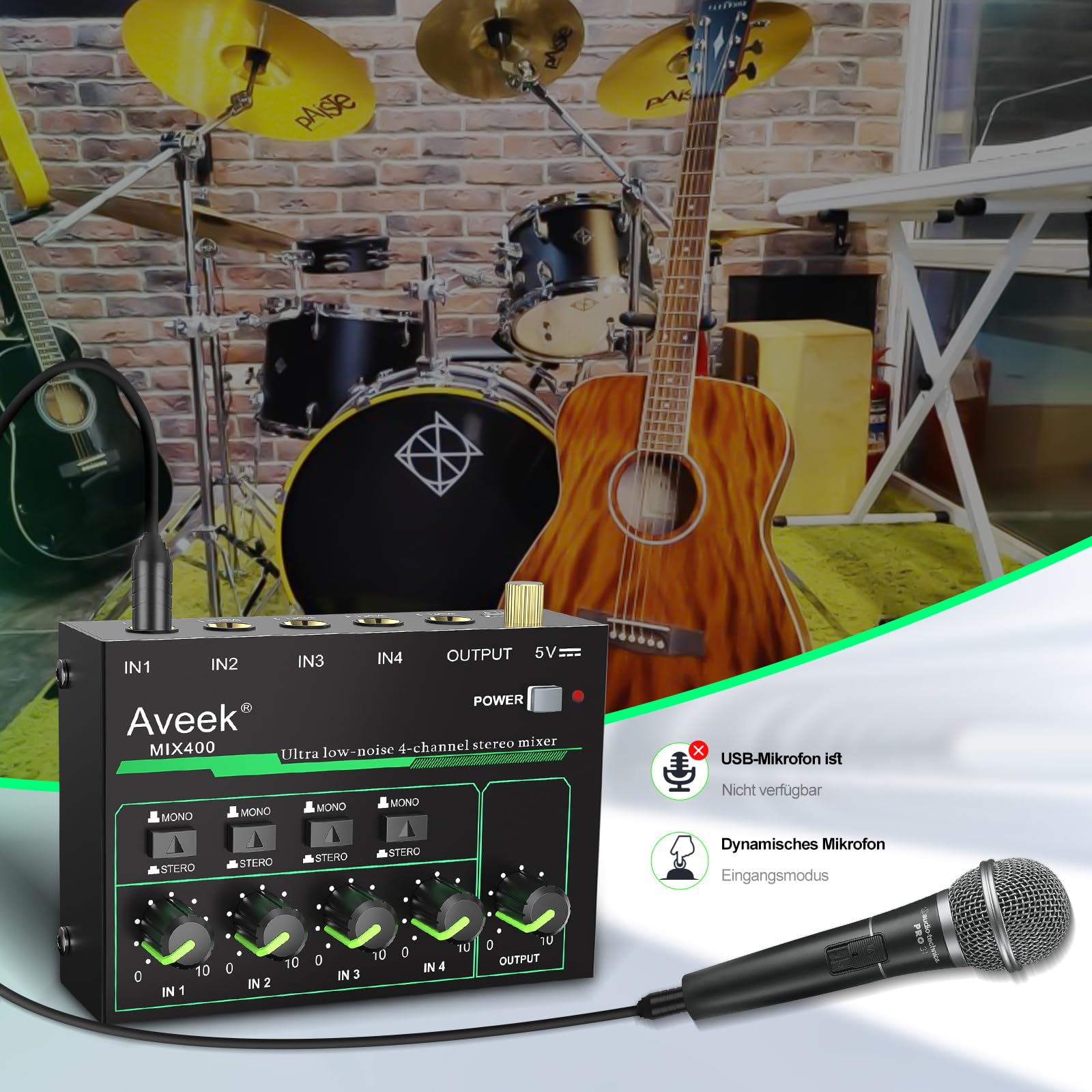 Aveek 4-Kanal Kleinmischpult, Mini 4 Stereo Audio Mixer, rauscharm für präzises Submixing, 1/4’’ TRS Ein-/Ausgang Ideal für Mikrofone/PC/Gitarren/Bass/Bühne
