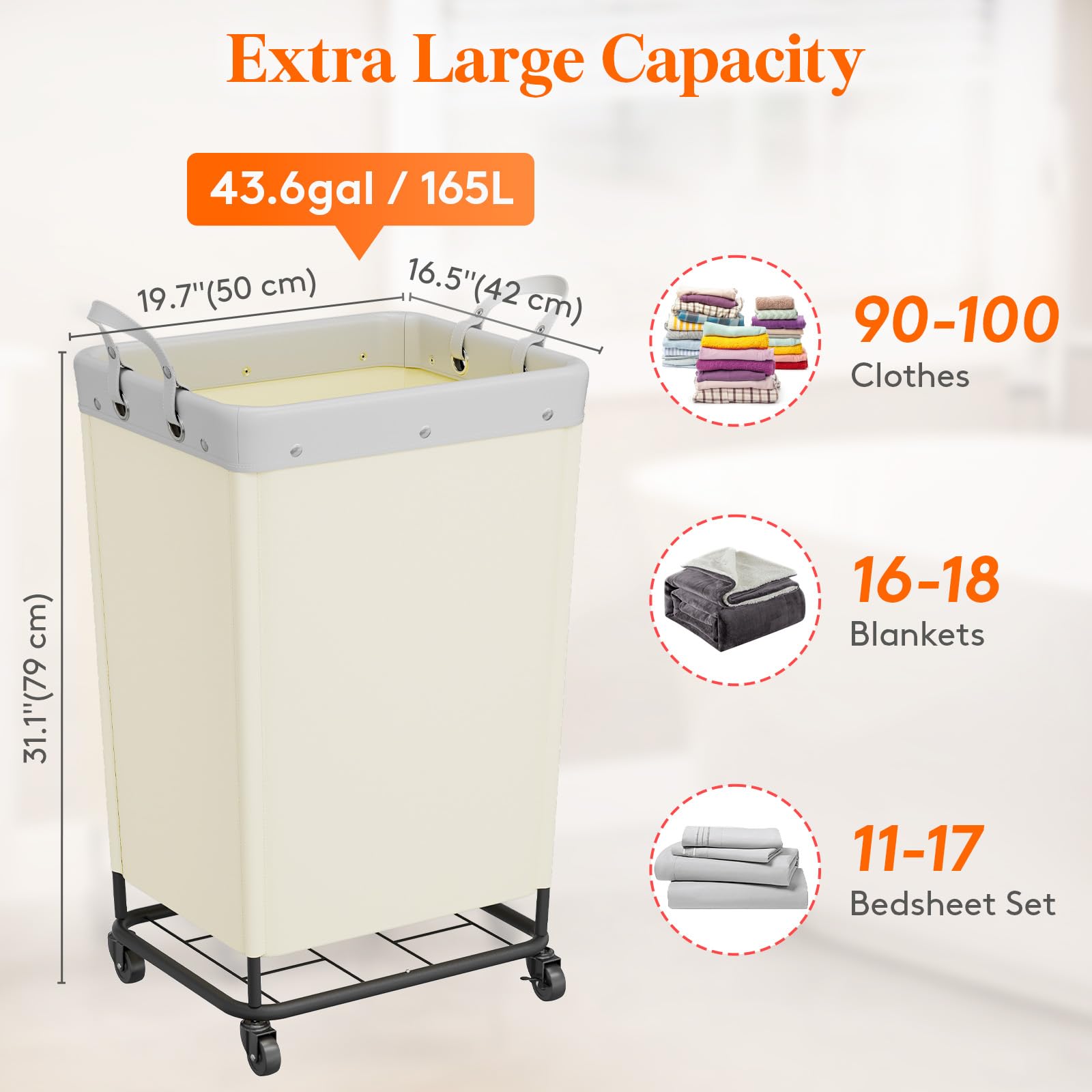 Lifewit 165L Laundry Basket with Wheels, Large Heavy Duty Commercial Rolling Laundry Hamper with Handles, Tall Steel Frame Laundry Cart for Laundry Room Bedroom Hotel Home Dorm, White