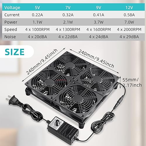 Miniatura 6 de Wathai Ventilador de caja de TV con enrutador de 4.724 in x 4 de 110 V - 240 V, gran flujo de aire con control de velocidad para consolas de juegos