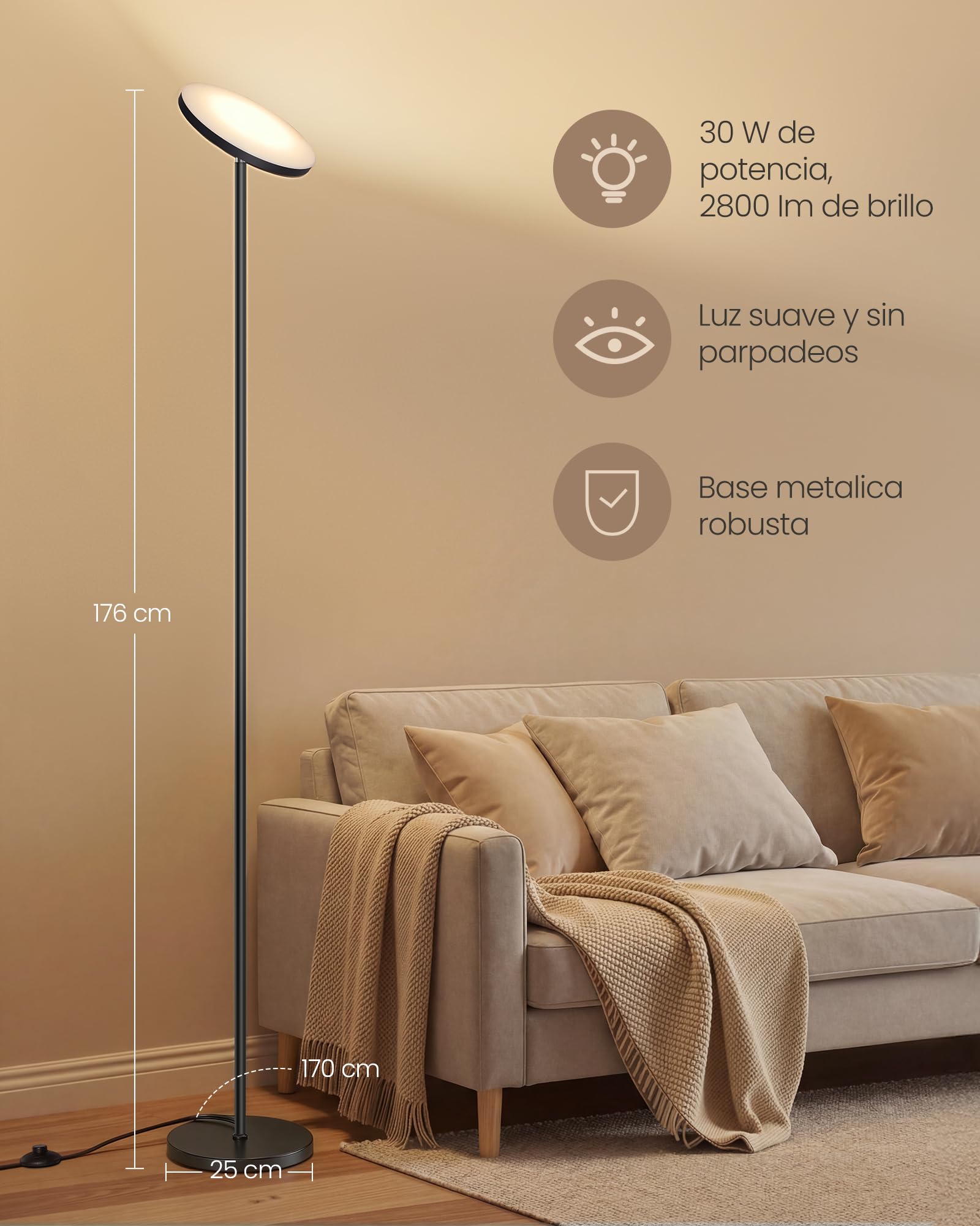 VASAGLE Lámpara de Pie LED, 30 W, Cabezal Orientable, Dormitorio, Oficina, Temporizador, Función de Memoria, Mando a Distancia, Negro Mate LFL018BD02