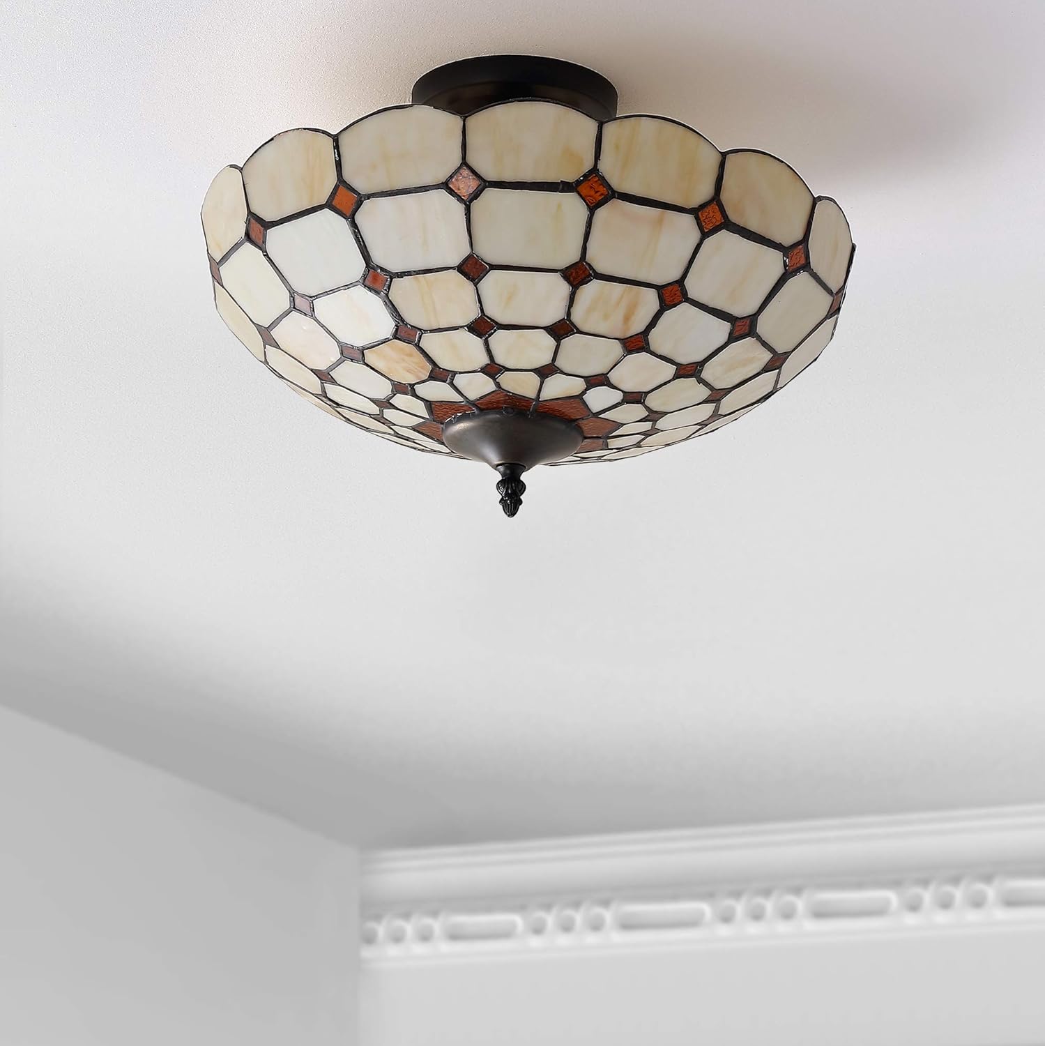 Uр Tо 40% оƒƒ JONATHAN Y JYL8028A Jennifer 16 Tiffany-Style Glass/Metal LED Semi-Flush Mount Traditional Dimmable, 2700K Cozy Warm Light, for Kitchen,Hallway,Bathroom,Stairwell, Cream