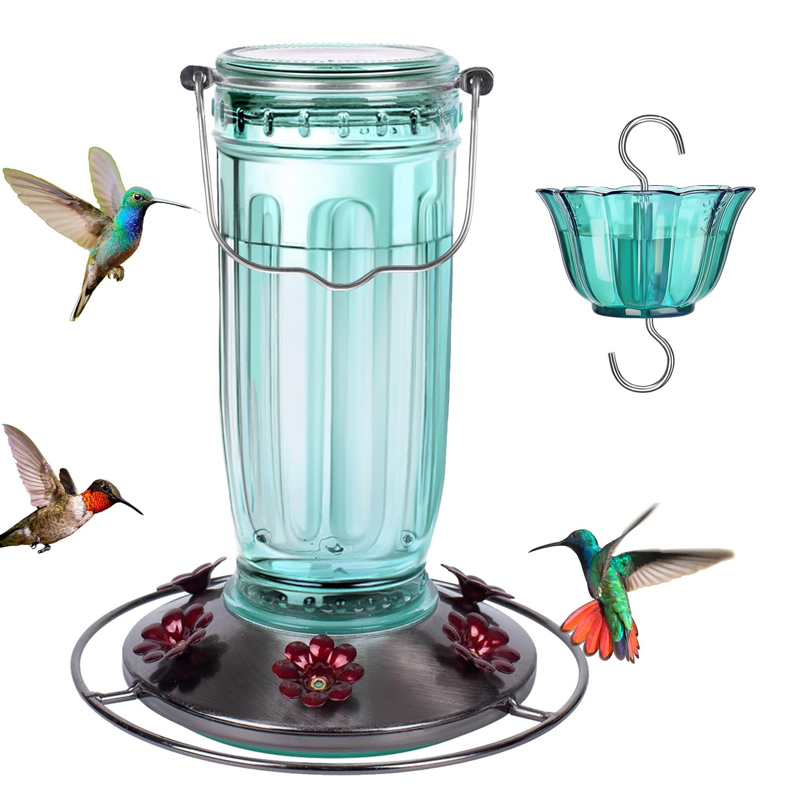 Kingsyard Glass Hummingbird Feeder for Outdoors Wild Bird Feeder with 6 Feeding Ports Hanging for Garden Yard, Green (Ant Moat Included)