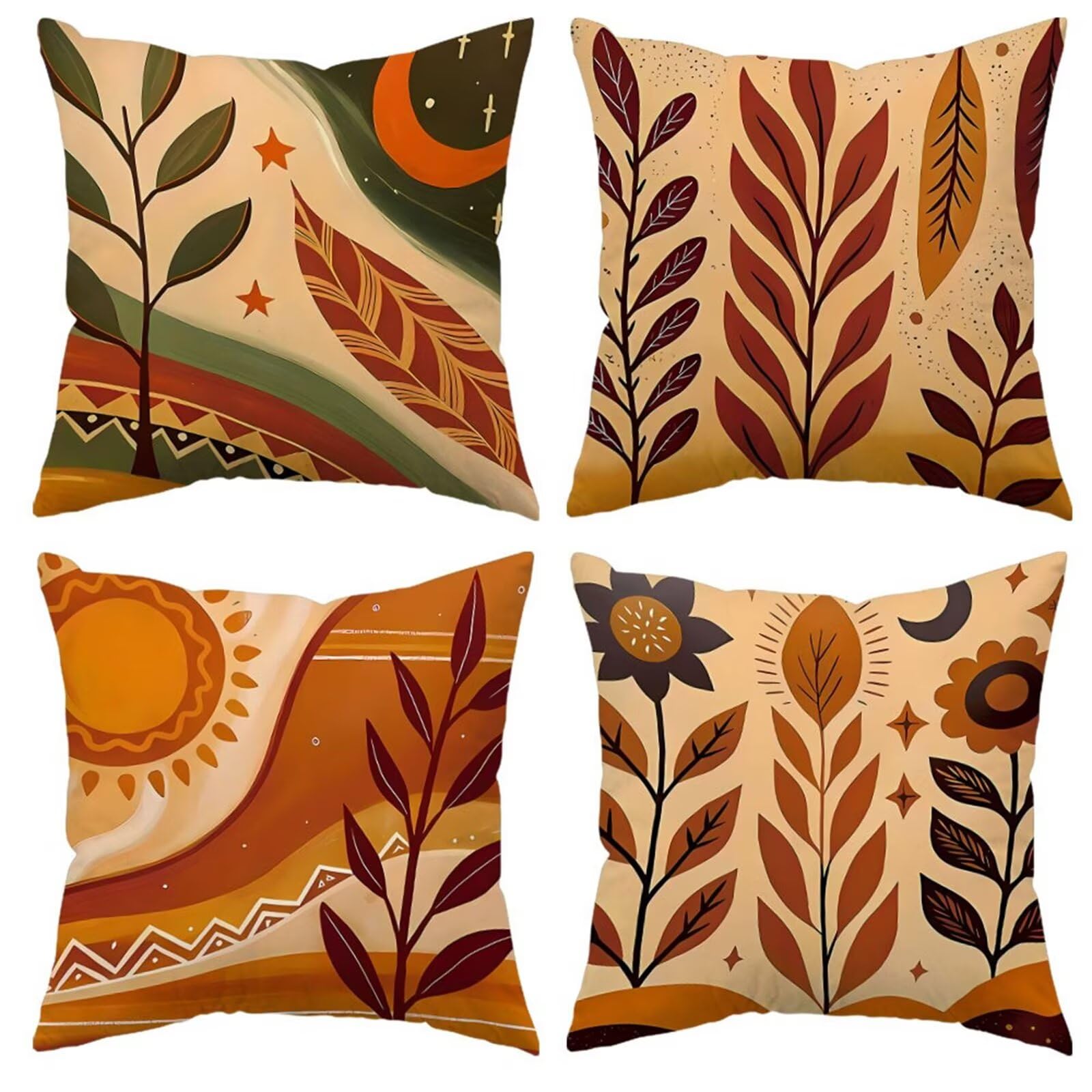 QiHon Cushion Covers 55x55 cm Set of 4 Green Brown Leaves Linen Square Pillow Cases 22x22 inch Modern Decorative Throw Pillow Covers for Sofa Couch Bedroom Home Office with Invisible Zipper