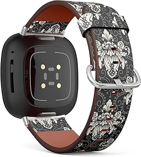 CJBROES Replacement Leather Watch Band, Compatible with Fitbit Versa 3 and Fitbit Sense of Wristband Bracelet Accessory - Damask-Element