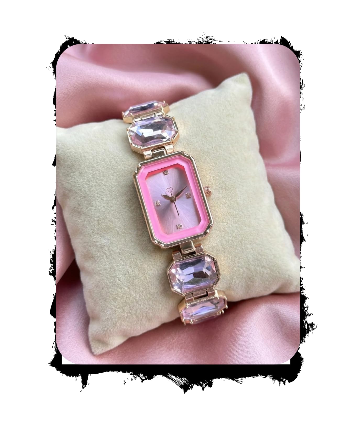 Women's Crystal Bracelet Watch, Rose Gold Tone Metal, Rectangle Dial with Heart Hand, Black and Ice Blue Stones, Fashion Timepiece for Girls-image-22