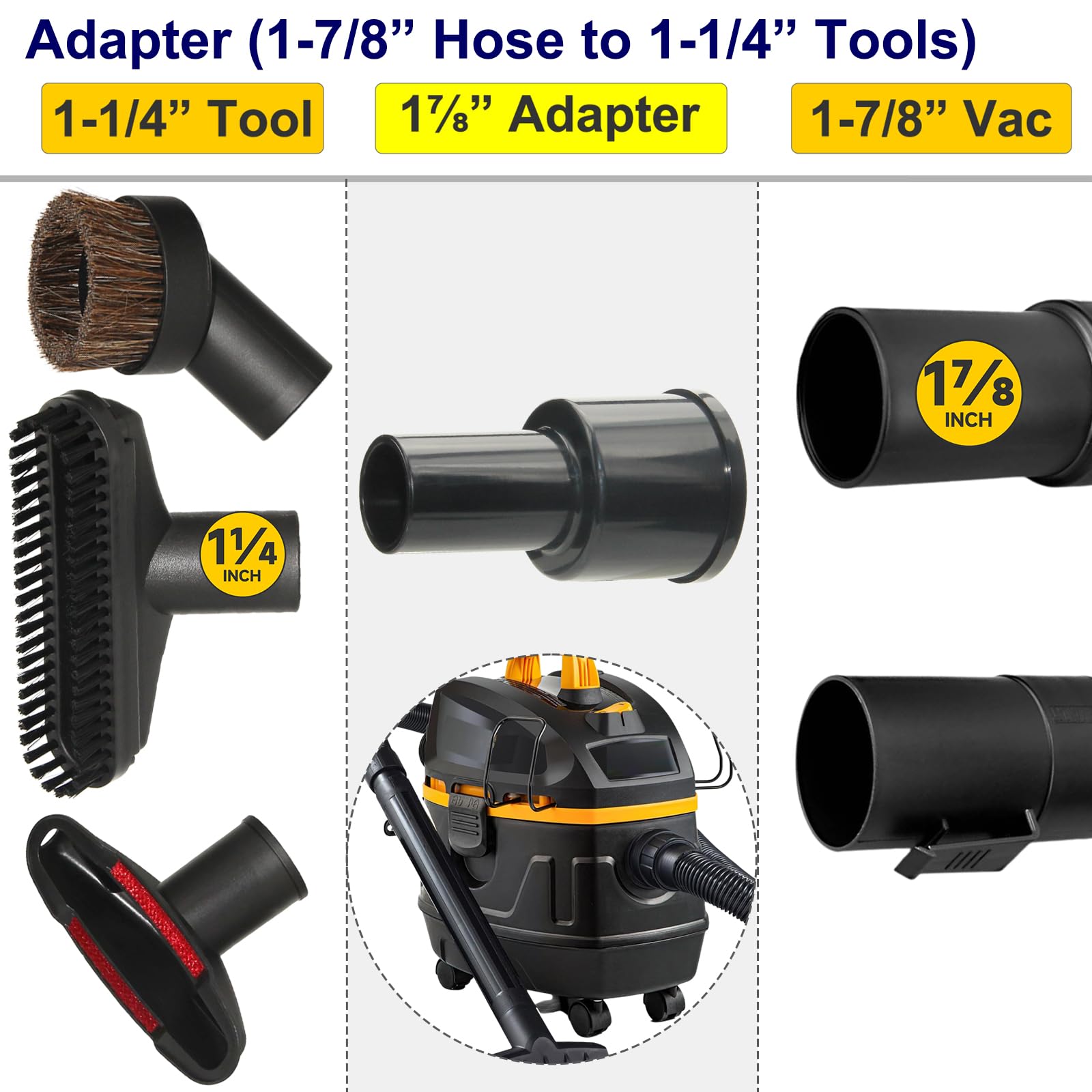 Portek Accesorios de aspiradora de 1-1/4 pulgadas con adaptador de 1-3/8 pulgadas como kit de limpieza de detalles de coche para el hogar, accesorios de aspiradora de 1 1/4 pulgadas, adaptador de 1